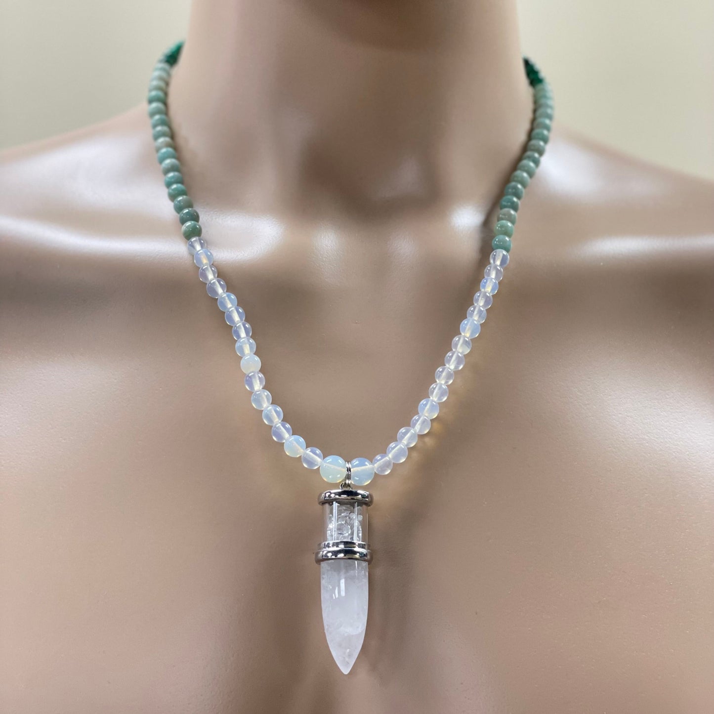 ✨ 23" Clear Quartz Bullet Necklace Adorned with 6mm Opalite, Jade, & Malachite Beads