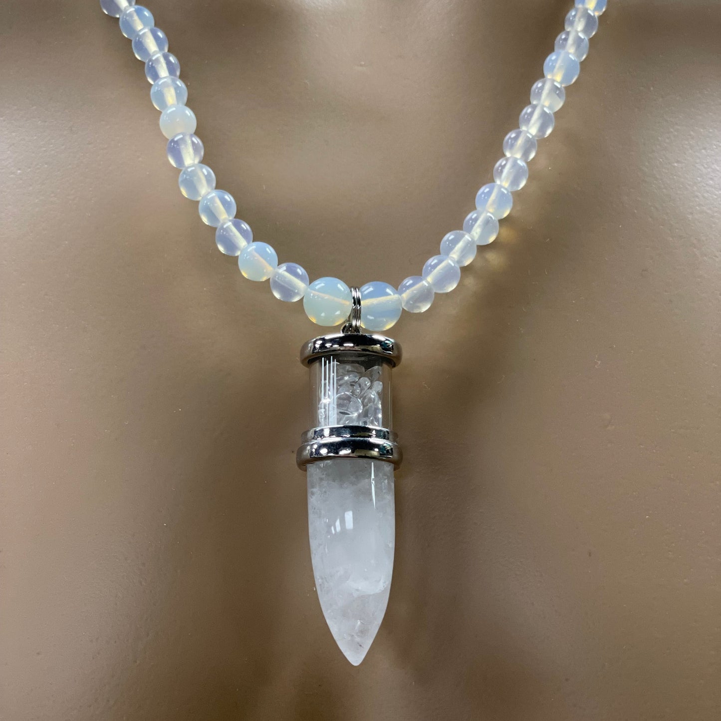 ✨ 23" Clear Quartz Bullet Necklace Adorned with 6mm Opalite, Jade, & Malachite Beads