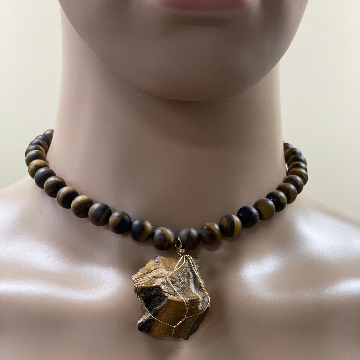 🐾 17” Matted Tiger’s Eye Necklace with Wire Wrapped Matted Tiger’s Eye Pendant
