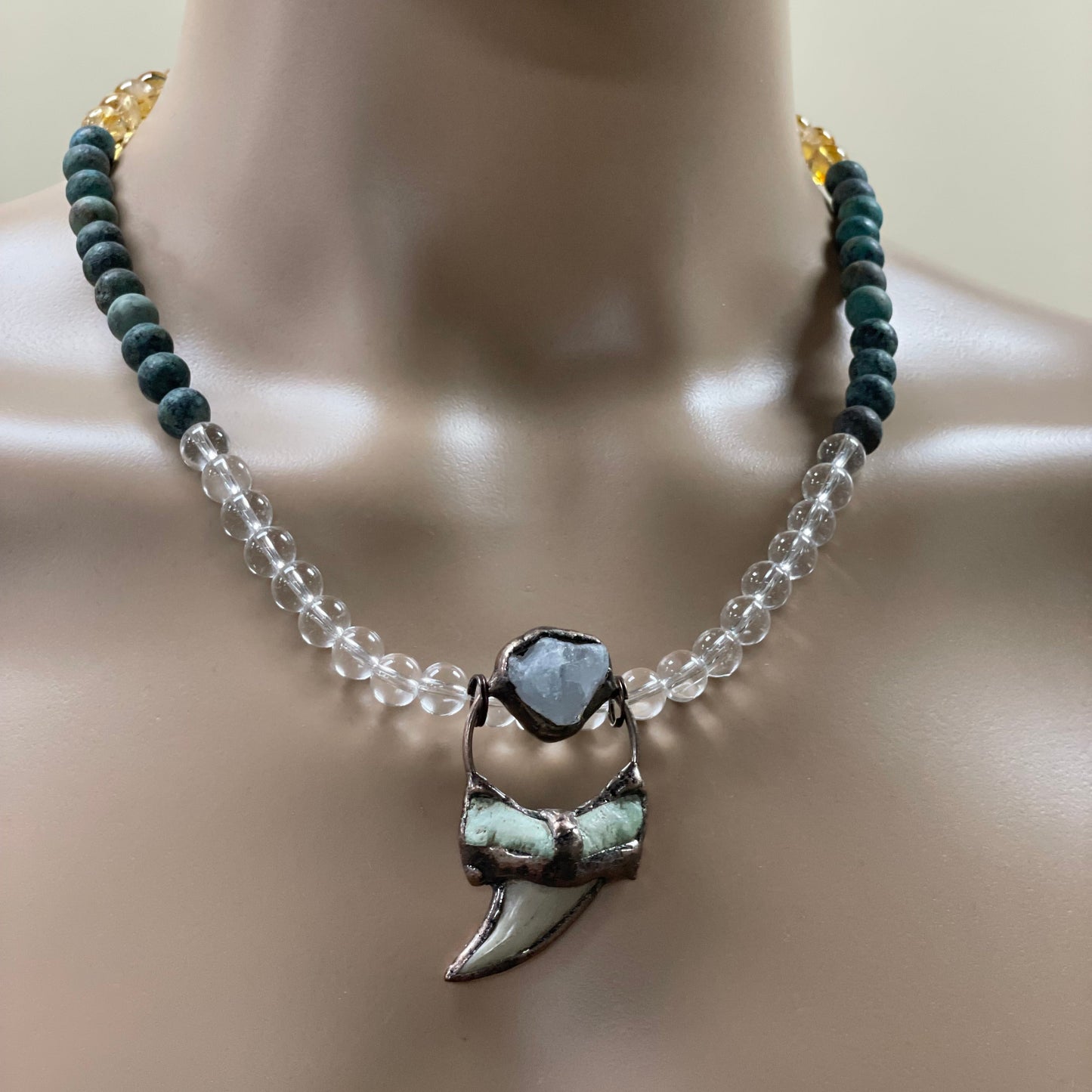 🦈 22.5” Thresher Shark Tooth & Clear Quartz Inlaid in Copper Necklace Adorned with Clear Quartz, Matted African Turquoise, & Citrine Beads