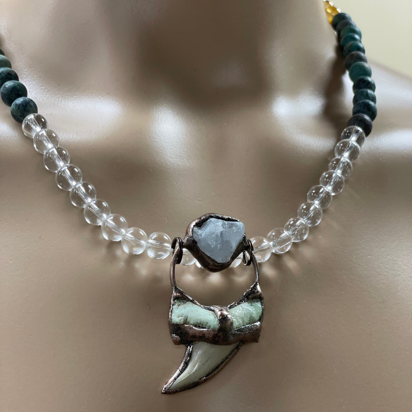 🦈 22.5” Thresher Shark Tooth & Clear Quartz Inlaid in Copper Necklace Adorned with Clear Quartz, Matted African Turquoise, & Citrine Beads