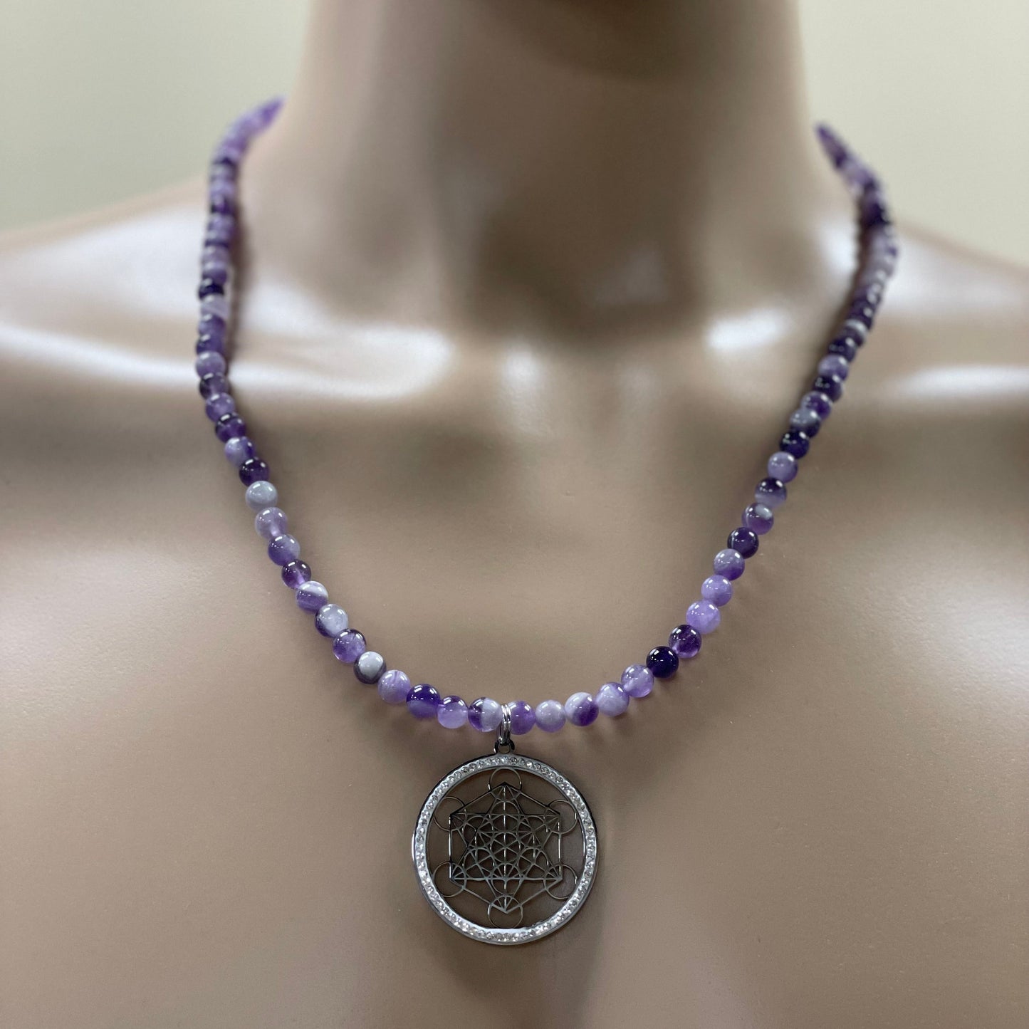 ✨ 24” Stainless Steel Metatron’s Cube Necklace Adorned with Amethyst Beads