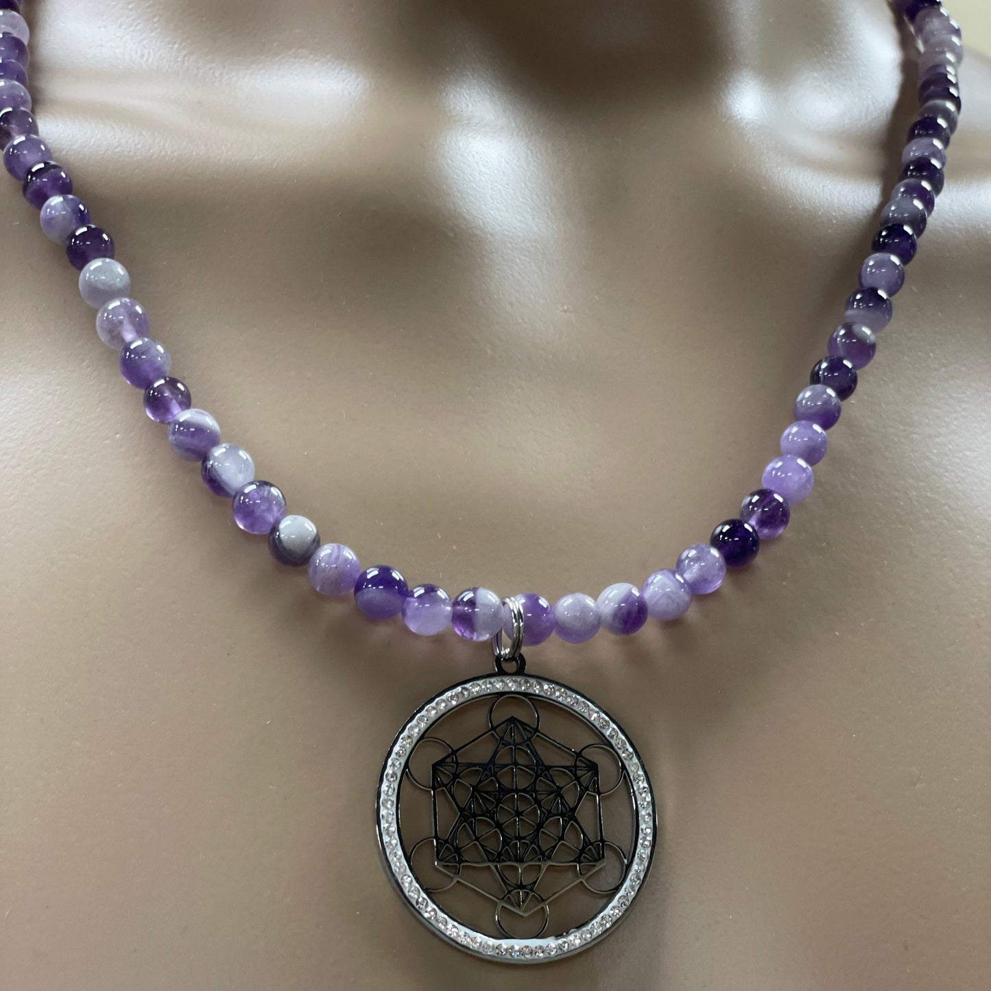 ✨ 24” Stainless Steel Metatron’s Cube Necklace Adorned with Amethyst Beads