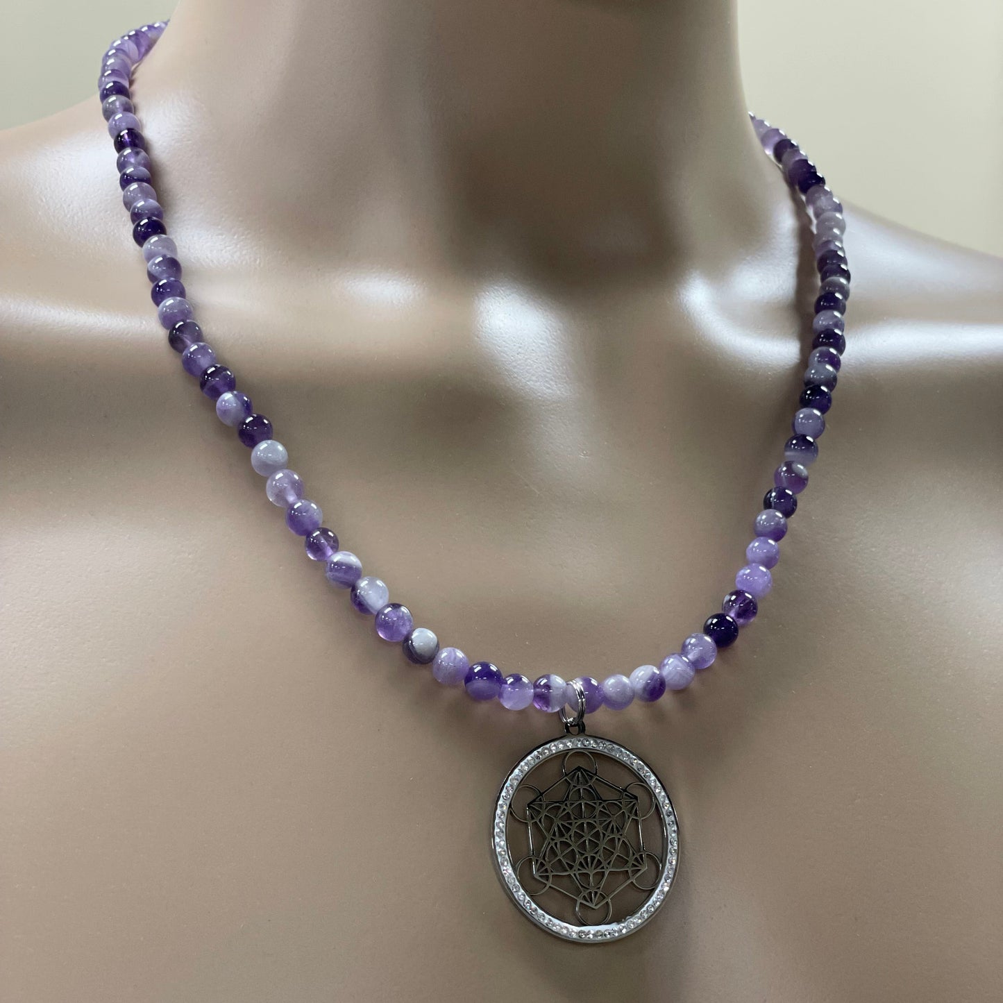 ✨ 24” Stainless Steel Metatron’s Cube Necklace Adorned with Amethyst Beads
