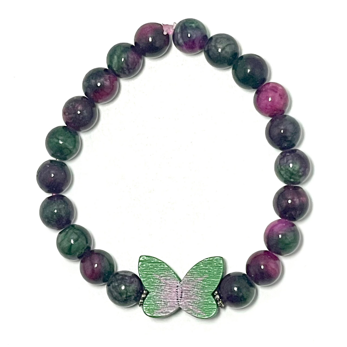 🦋💗 Stretchy 8mm Persian Jade & Pink Tourmaline Butterfly Bracelet