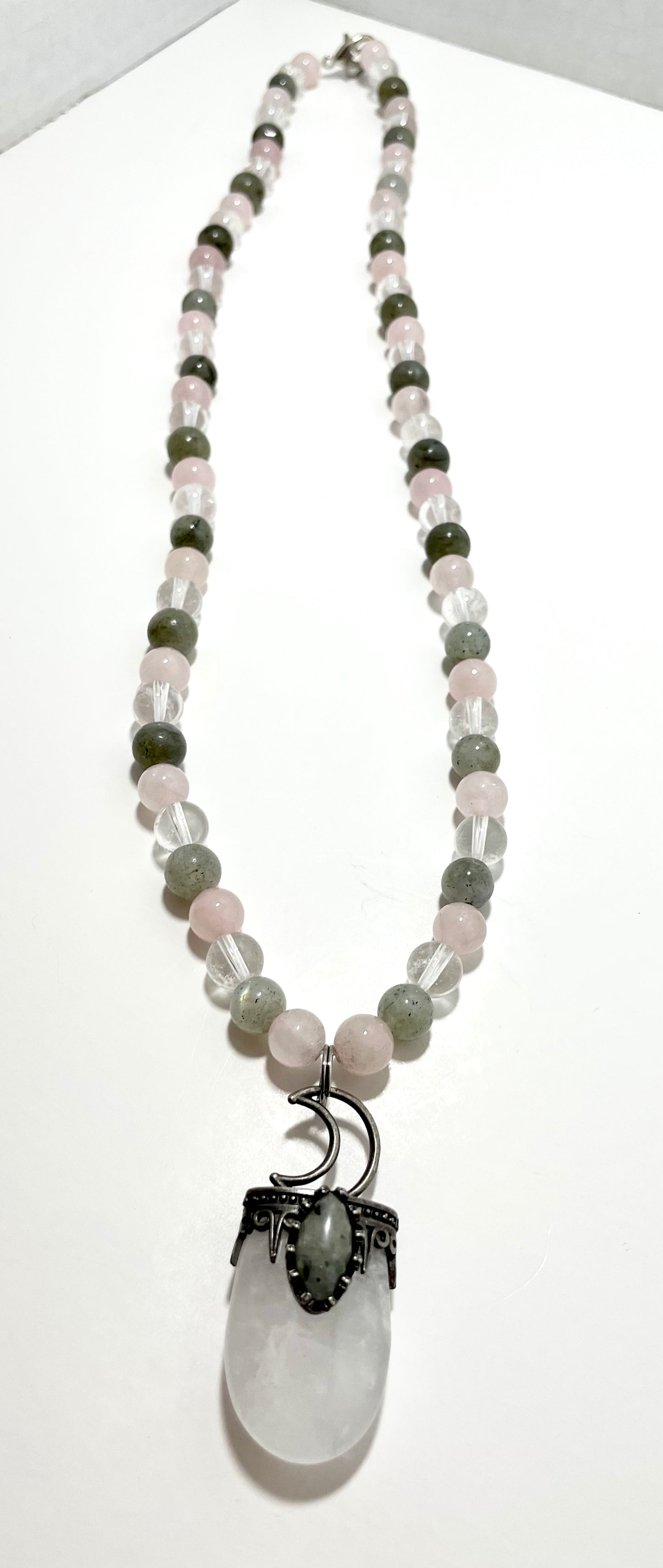 πβ¨ Lunar Light Necklace β 25β Clear Quartz Moon w/ Labradorite & Rose Quartz Vibes