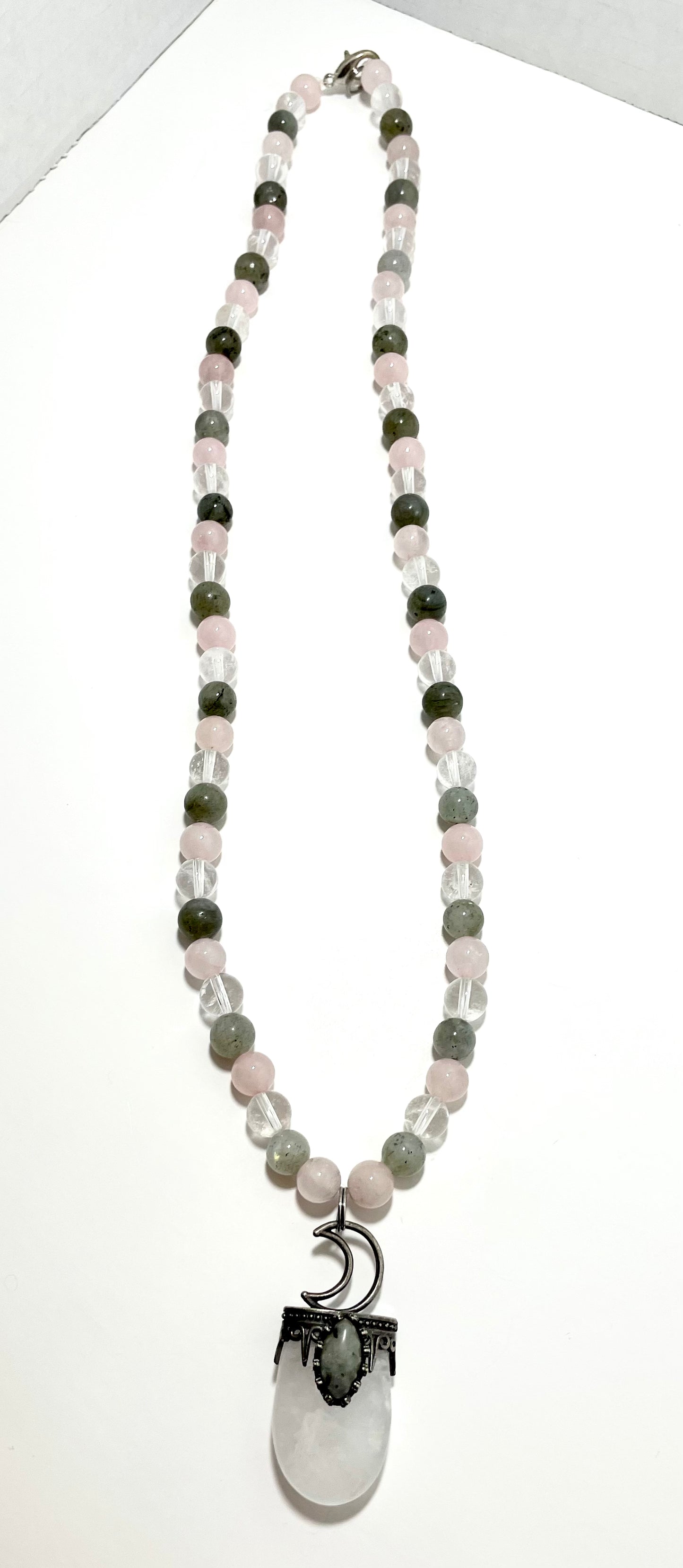 πβ¨ Lunar Light Necklace β 25β Clear Quartz Moon w/ Labradorite & Rose Quartz Vibes