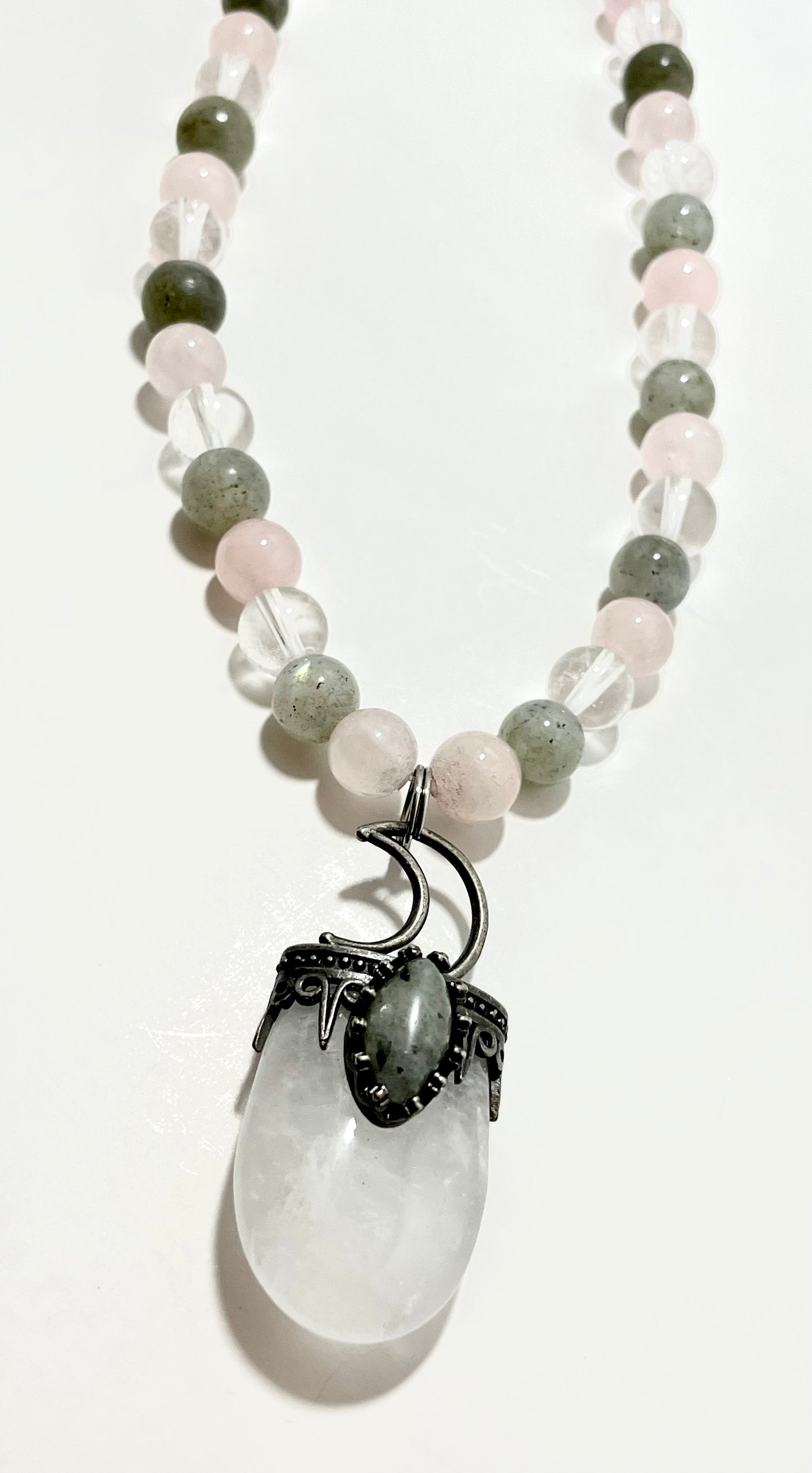 πβ¨ Lunar Light Necklace β 25β Clear Quartz Moon w/ Labradorite & Rose Quartz Vibes