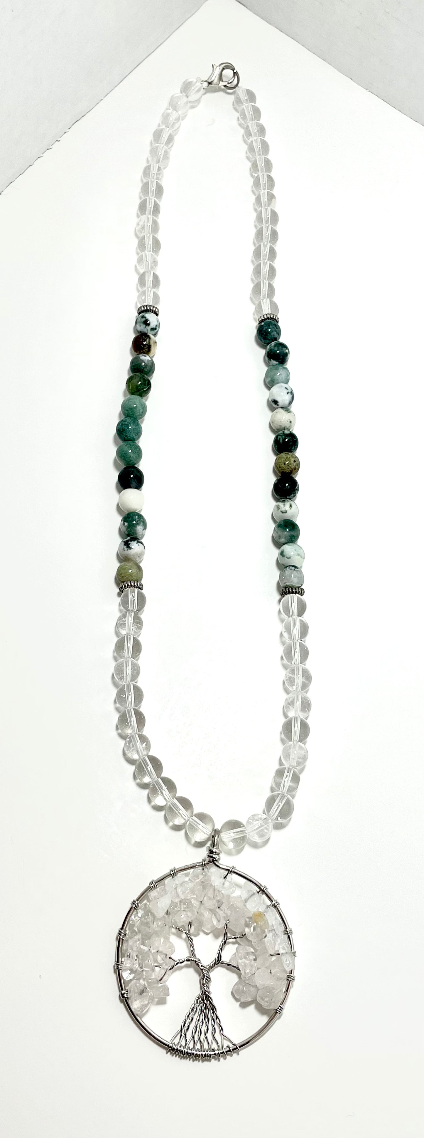 23” Wire Wrapped Stainless Steele Clear Quartz Tree of Life Necklace Adorned With 8mm Clear Quartz, Green Moss Agate, & Stainless Steele Spacer Beads