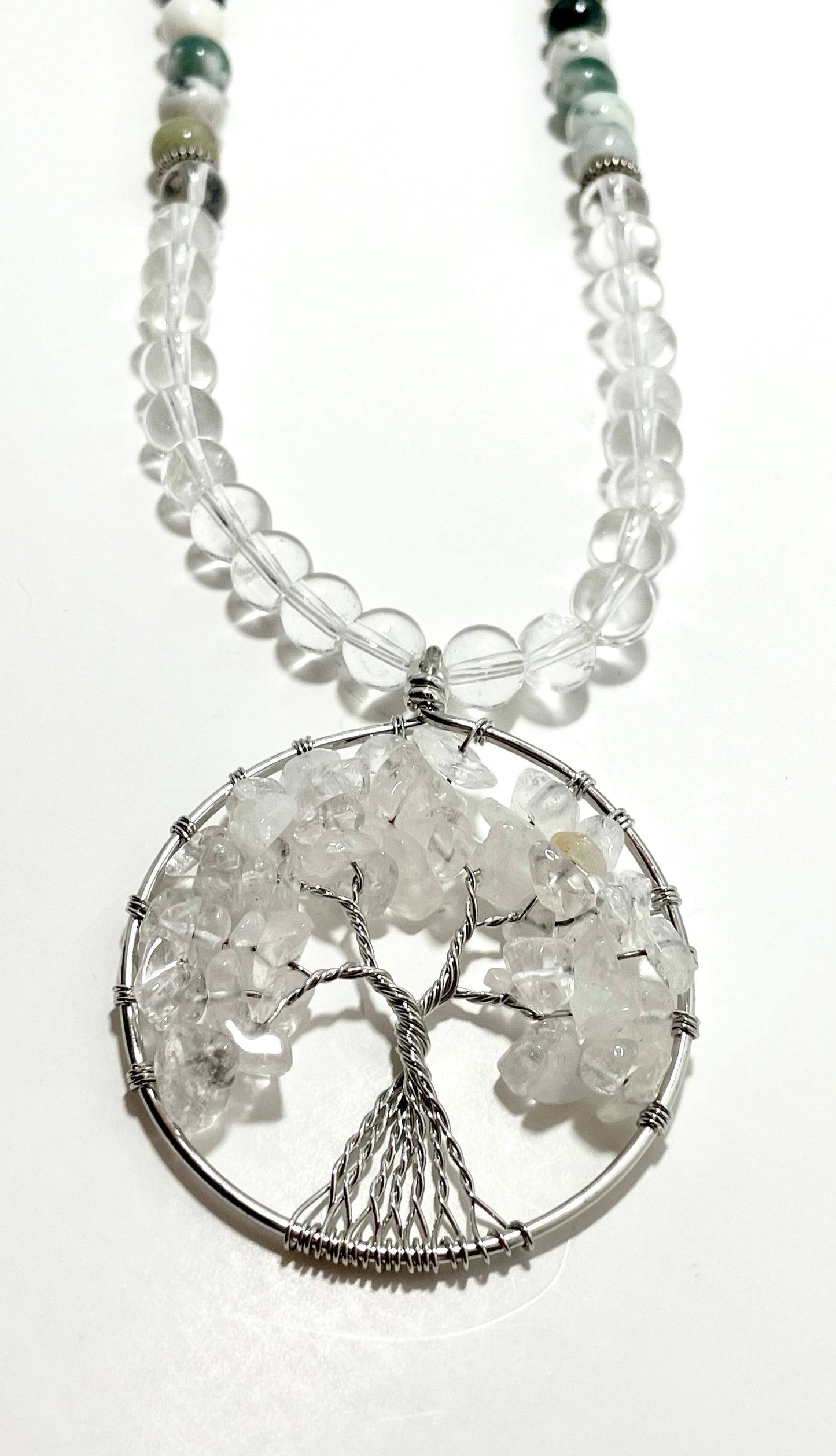 23” Wire Wrapped Stainless Steele Clear Quartz Tree of Life Necklace Adorned With 8mm Clear Quartz, Green Moss Agate, & Stainless Steele Spacer Beads