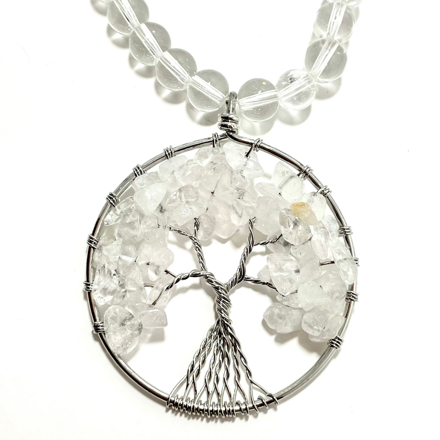 23” Wire Wrapped Stainless Steele Clear Quartz Tree of Life Necklace Adorned With 8mm Clear Quartz, Green Moss Agate, & Stainless Steele Spacer Beads