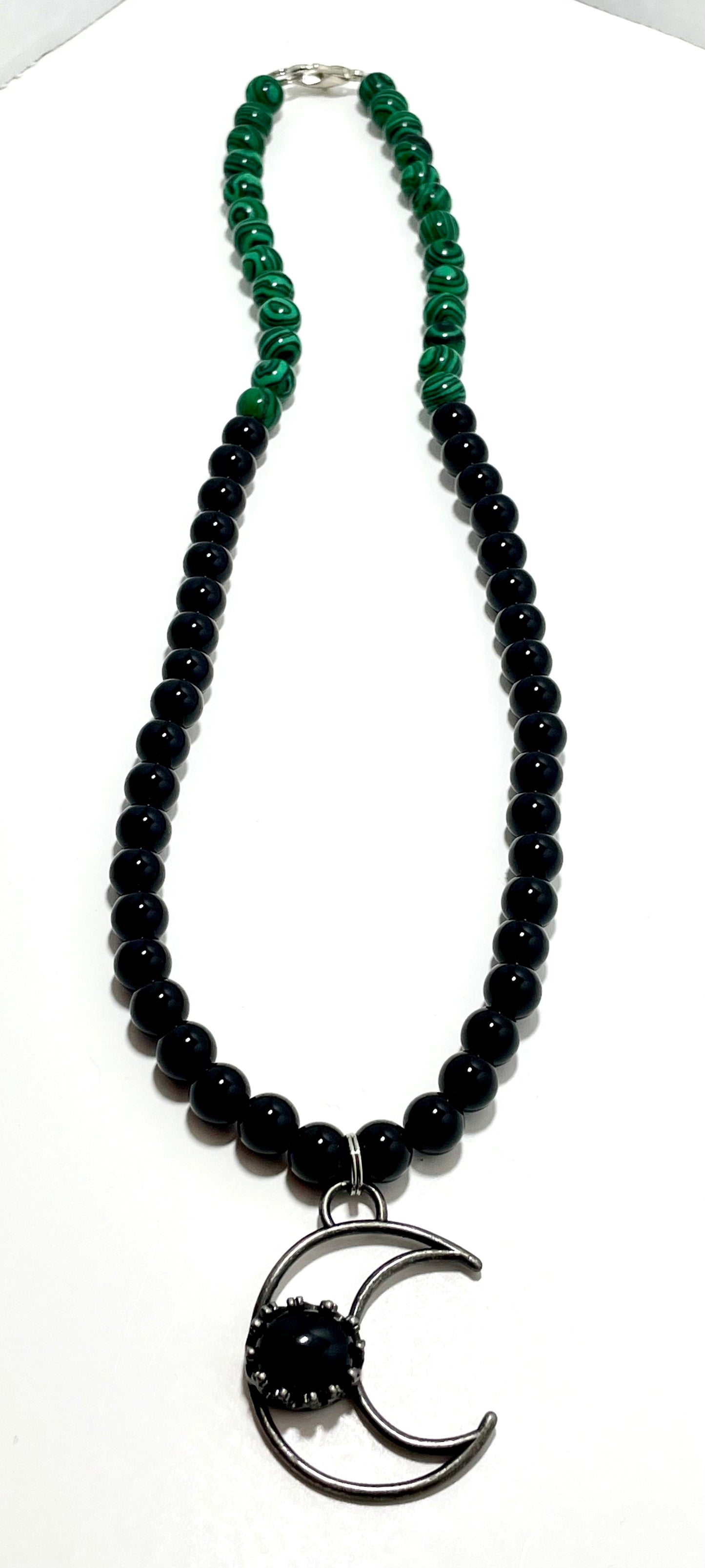 21.5” Stainless Steele & Onyx Half Moon Necklace Adorned With 6mm Onyx & Malachite Beads