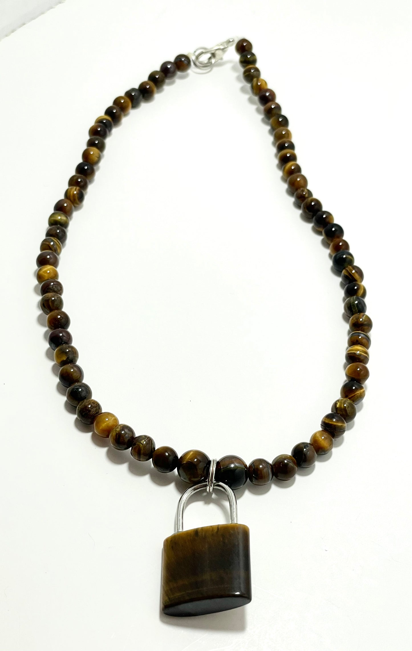 17” Stainless Steele & Tigers Eye Padlock Chocker Necklace Adorned With 6mm Tigers Eye Beads