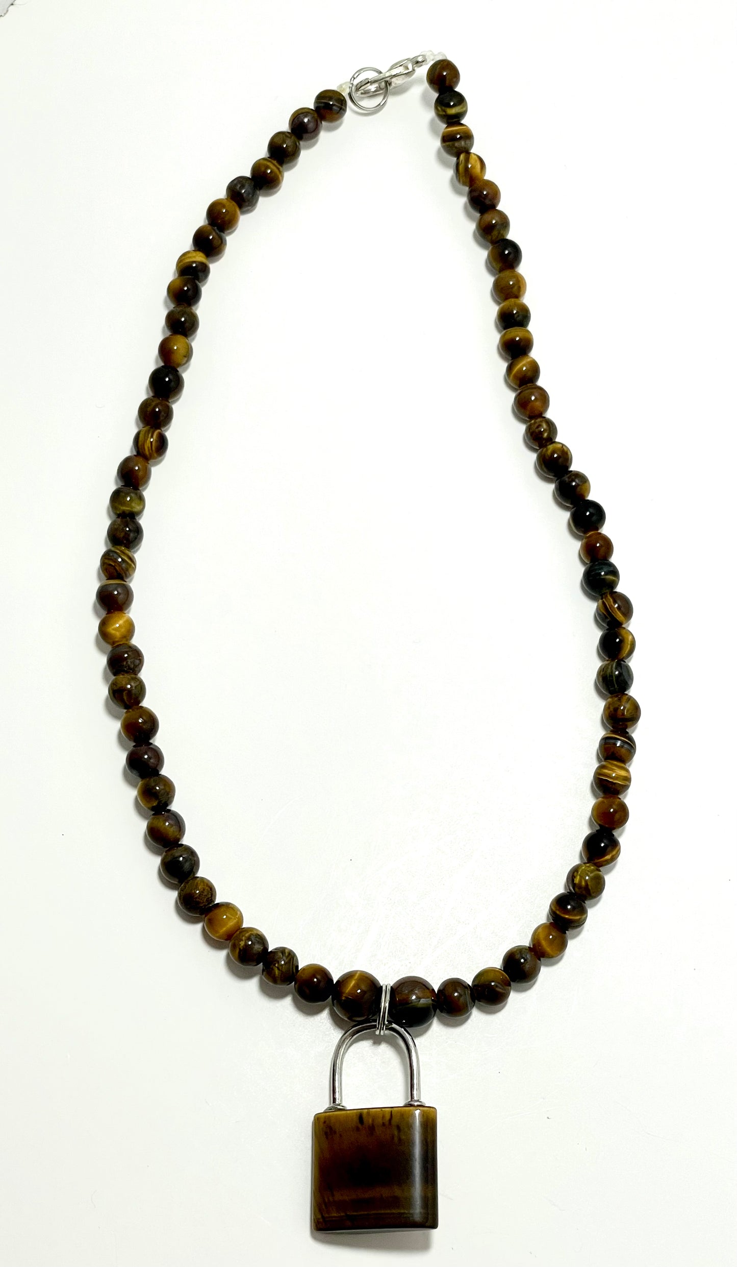 17” Stainless Steele & Tigers Eye Padlock Chocker Necklace Adorned With 6mm Tigers Eye Beads