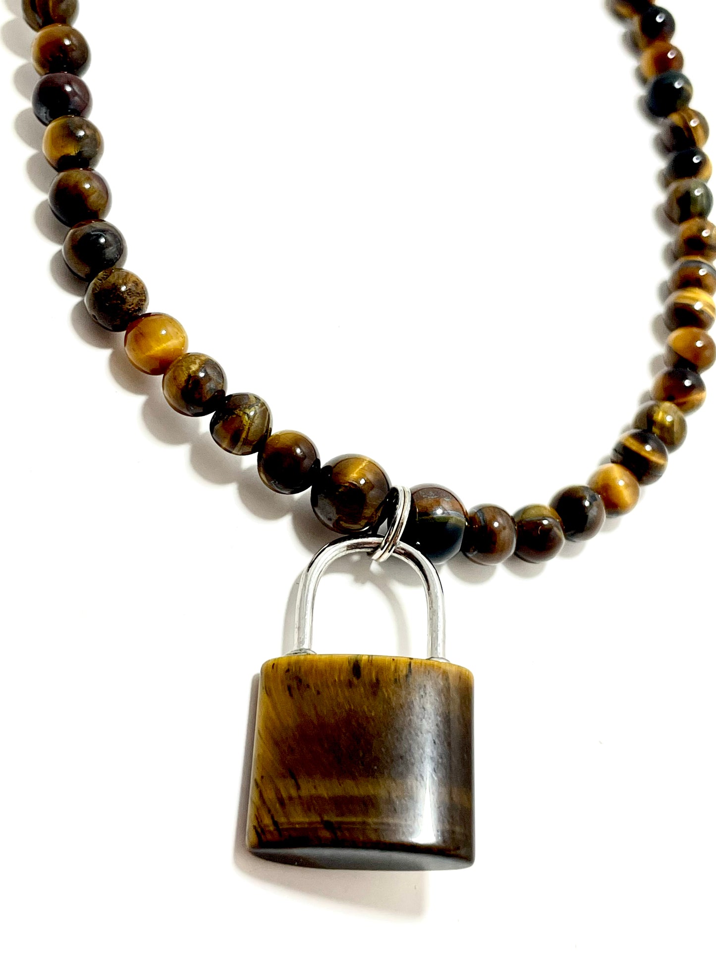 17” Stainless Steele & Tigers Eye Padlock Chocker Necklace Adorned With 6mm Tigers Eye Beads