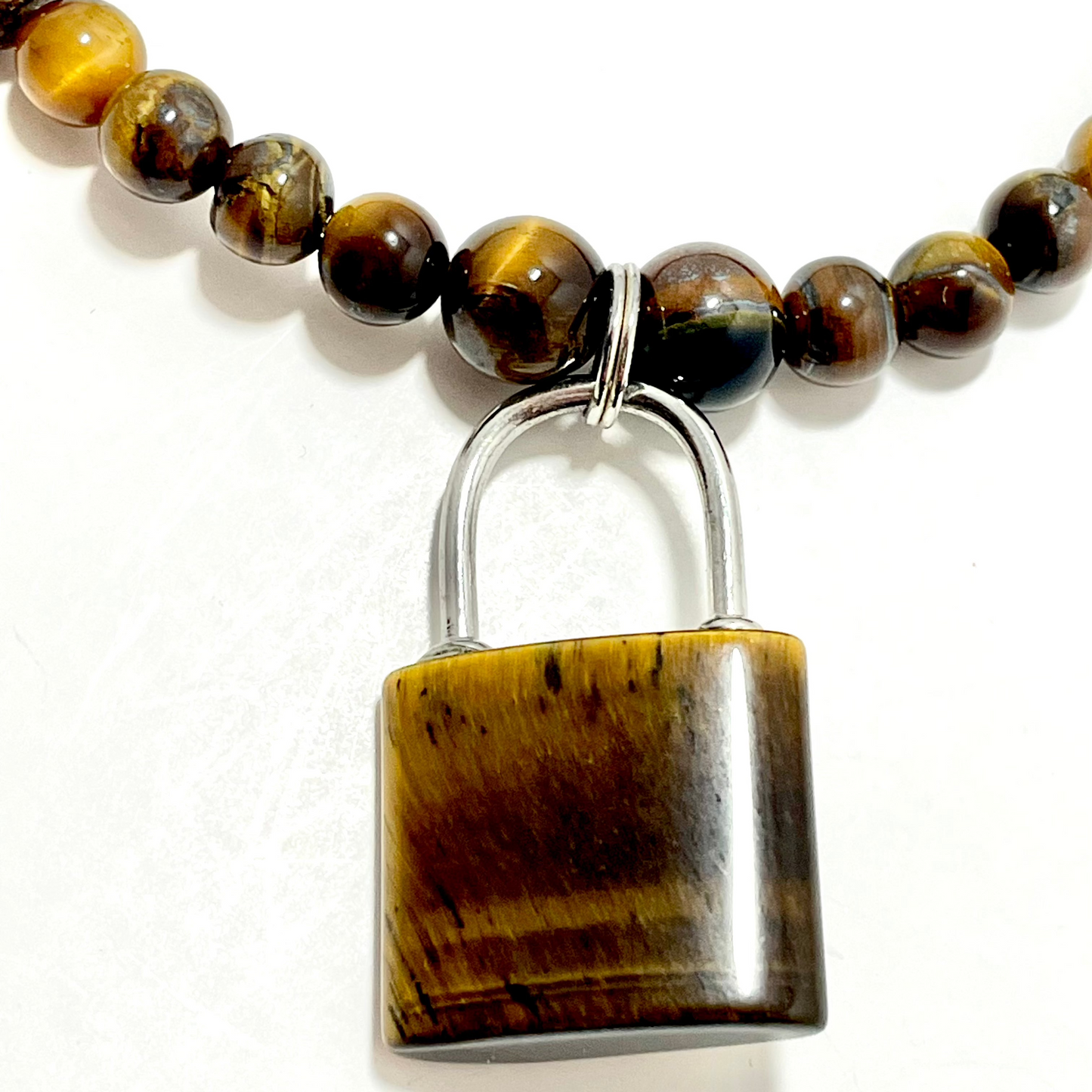 17” Stainless Steele & Tigers Eye Padlock Chocker Necklace Adorned With 6mm Tigers Eye Beads