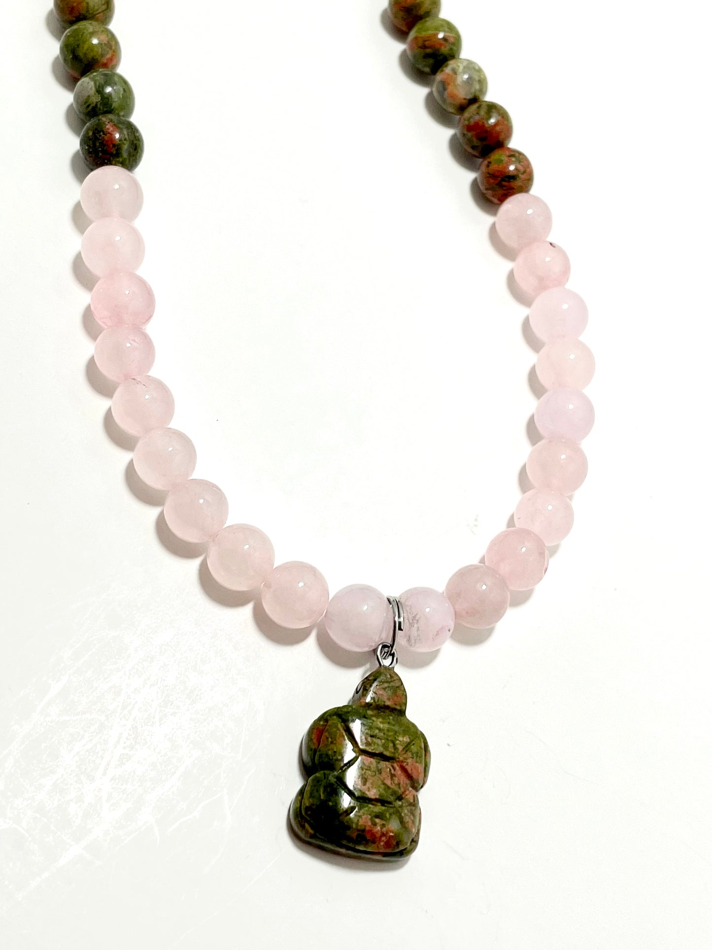 17.5” Unakite Turtle Necklace Adorned With 8mm Rose Quartz & Unakite Beads