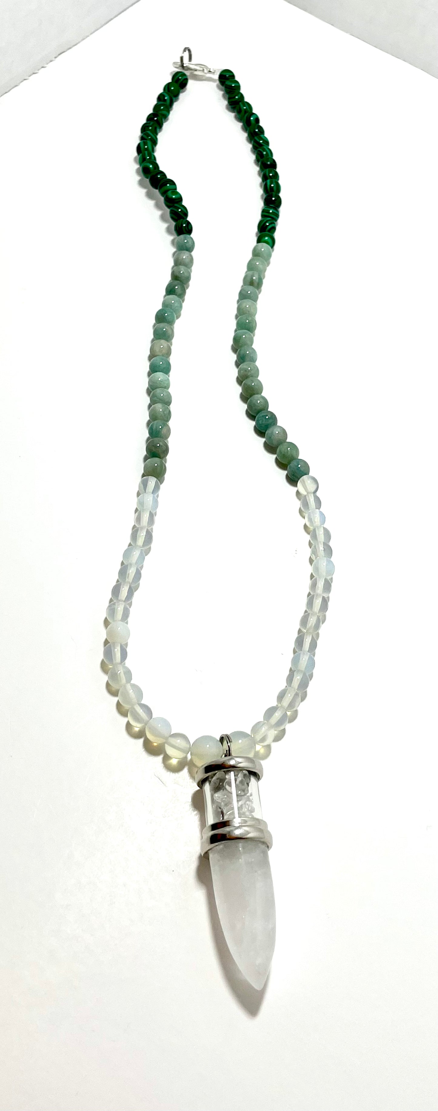 ✨ 23" Clear Quartz Bullet Necklace Adorned with 6mm Opalite, Jade, & Malachite Beads