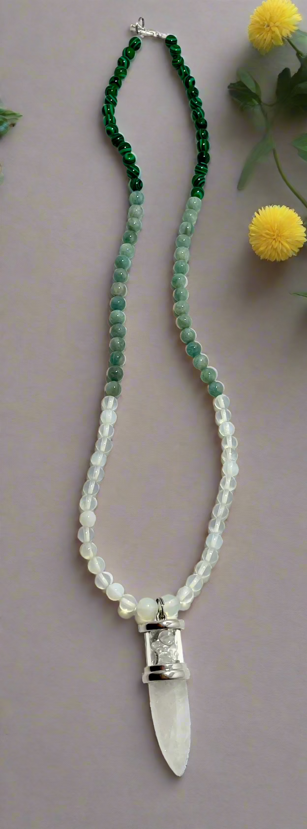 ✨ 23" Clear Quartz Bullet Necklace Adorned with 6mm Opalite, Jade, & Malachite Beads