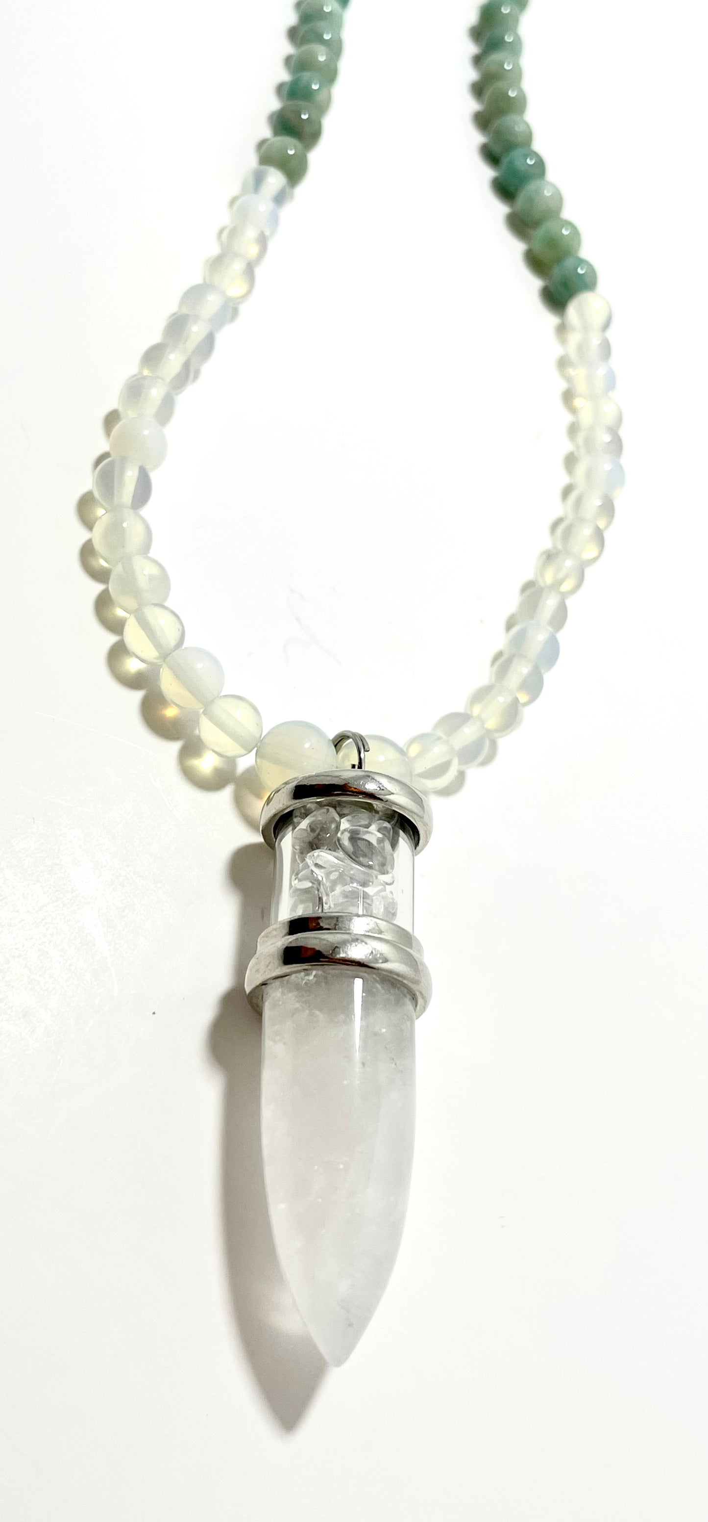 ✨ 23" Clear Quartz Bullet Necklace Adorned with 6mm Opalite, Jade, & Malachite Beads