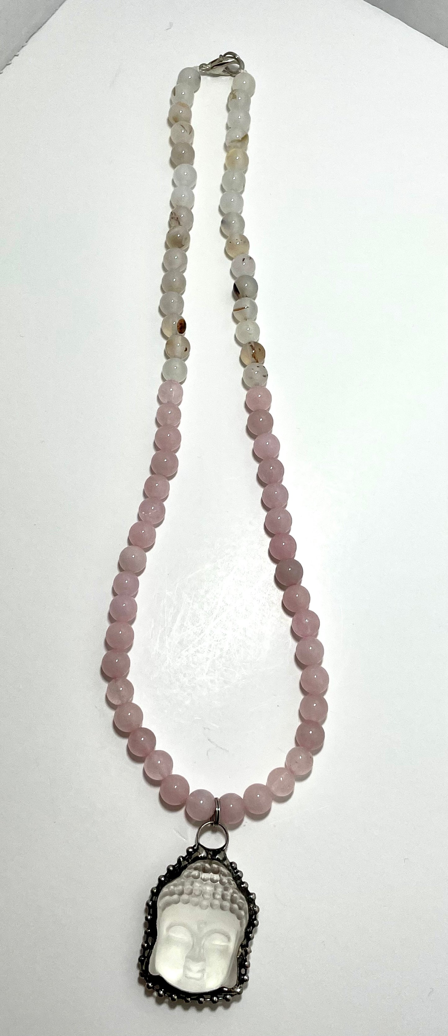 22.5” Stainless Steele Inlayed Hand Carved Clear Quartz Buddha Head Necklace Adorned With 8mm Rose Quartz & Flower Agate Beads