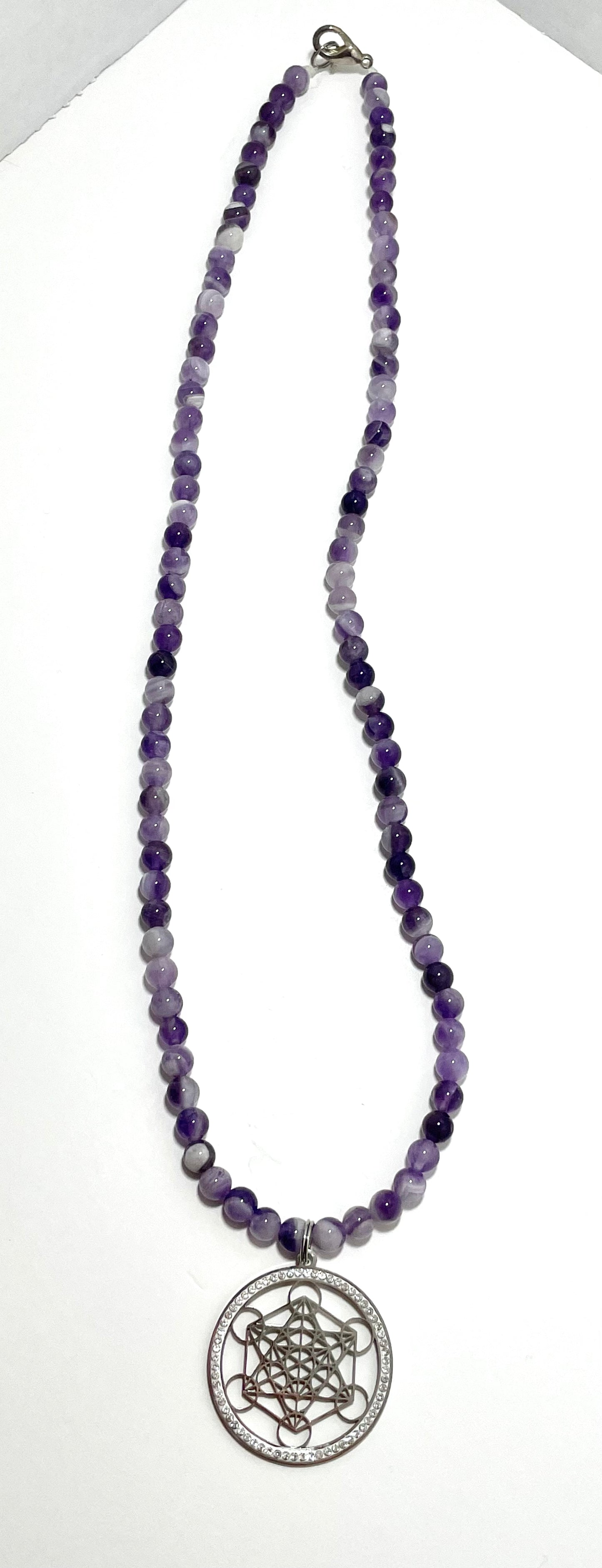 ✨ 24” Stainless Steel Metatron’s Cube Necklace Adorned with Amethyst Beads