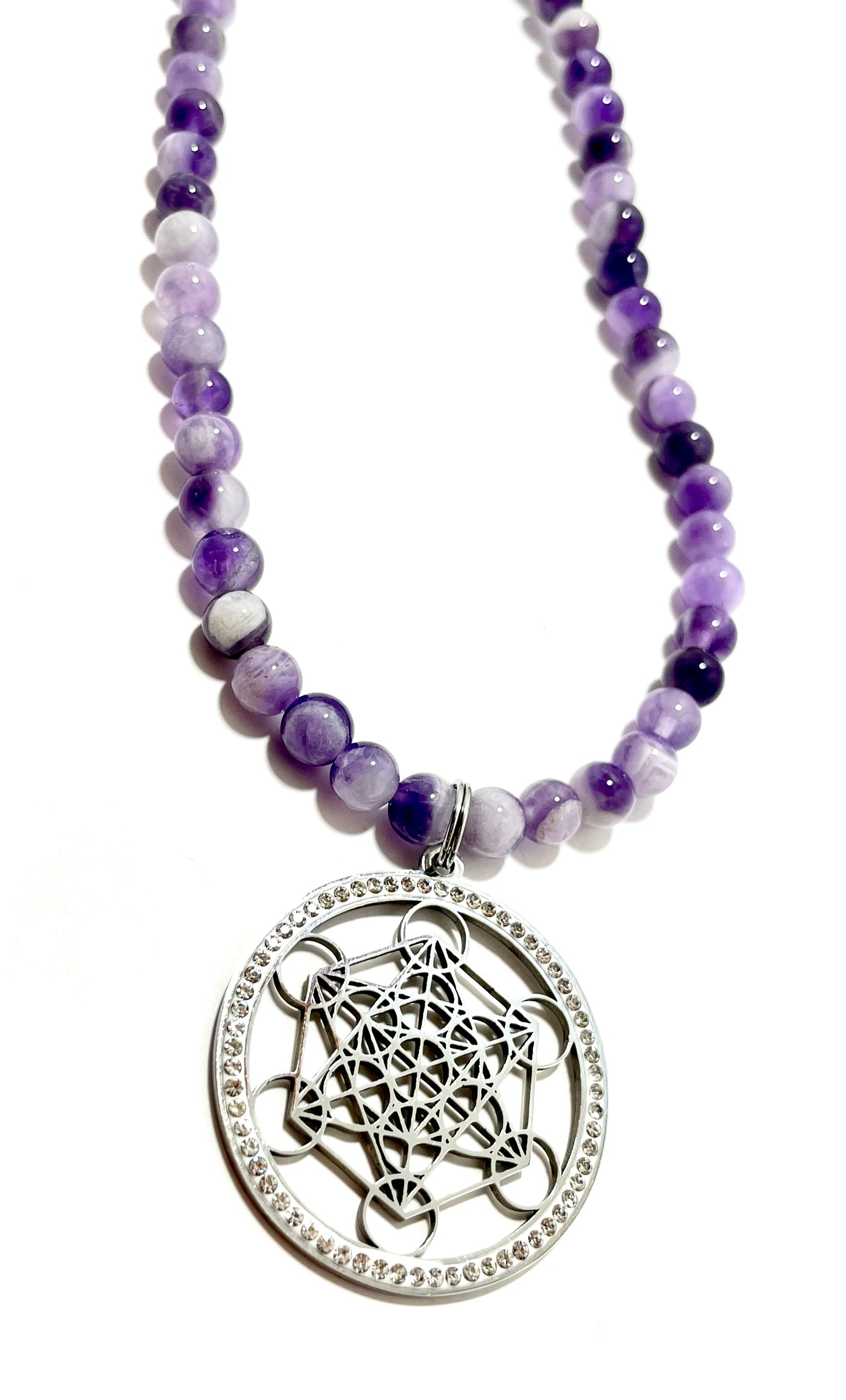 ✨ 24” Stainless Steel Metatron’s Cube Necklace Adorned with Amethyst Beads