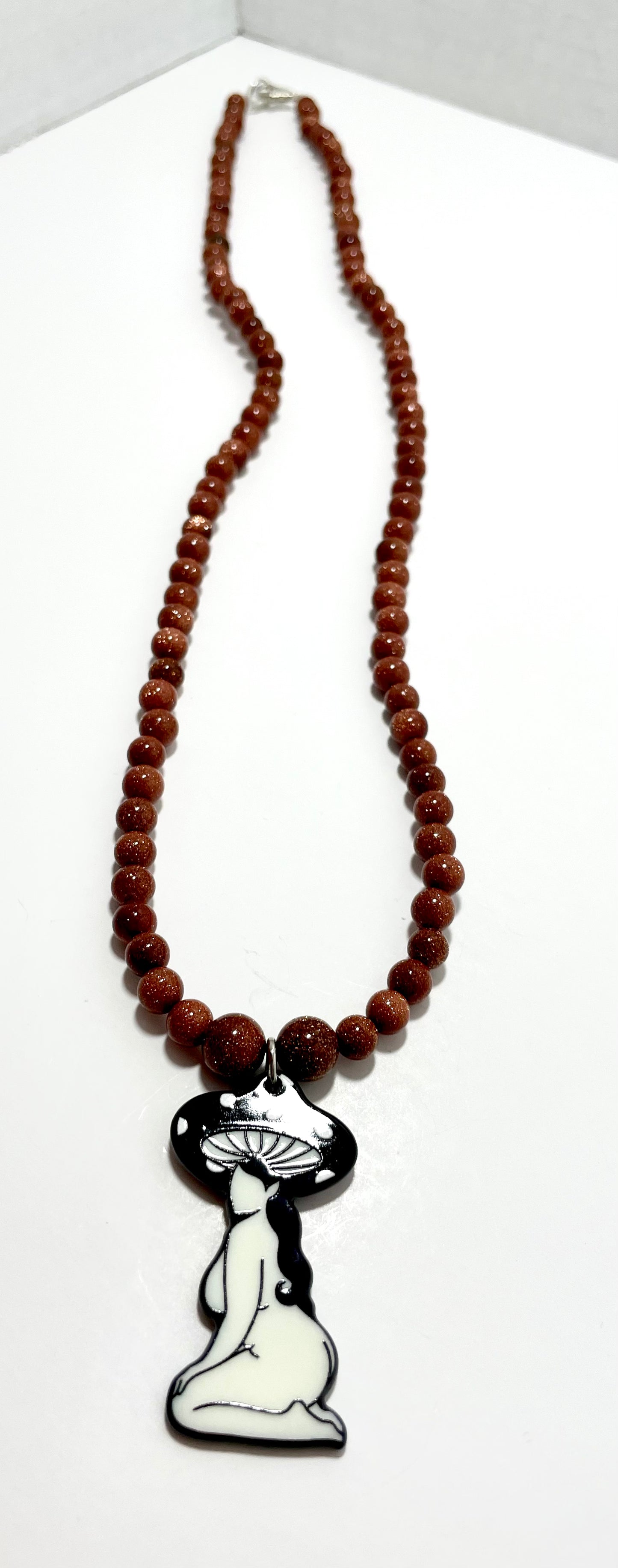 🍄✨ Mushroom Babe Necklace – 24.5” Resin Mushroom Pendant w/ Goldstone Beads