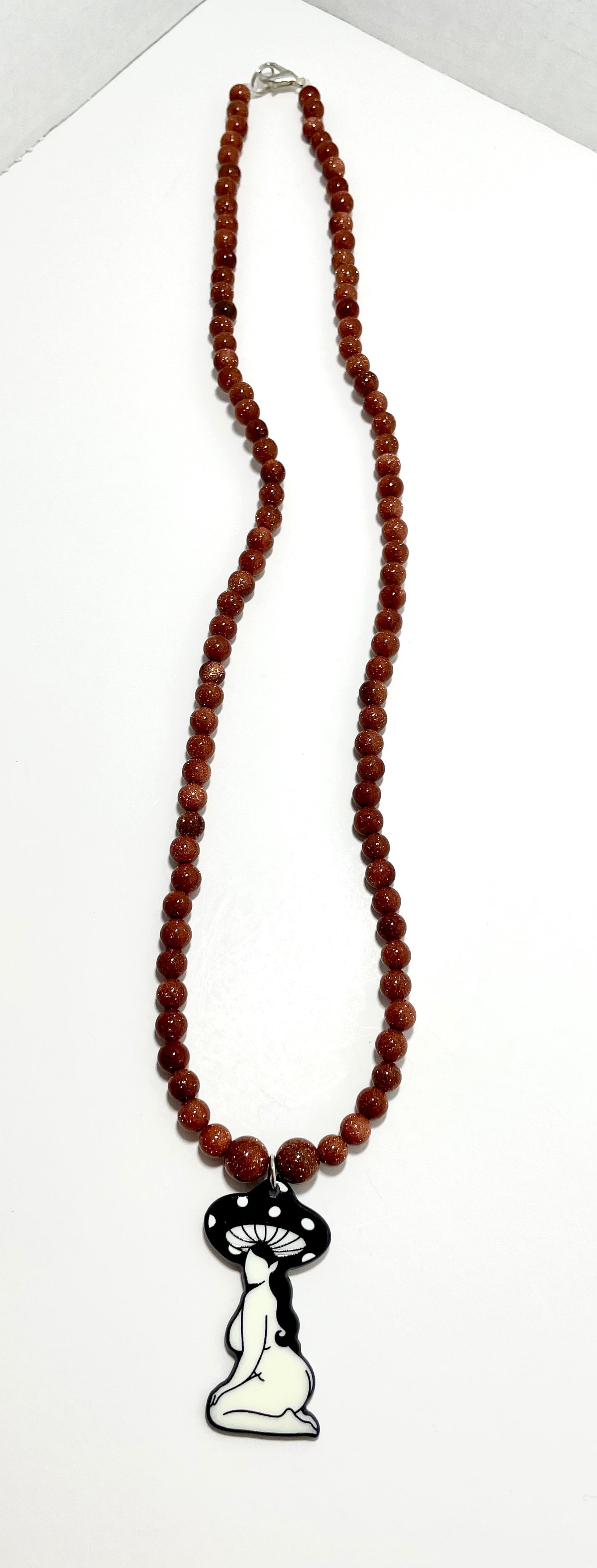 🍄✨ Mushroom Babe Necklace – 24.5” Resin Mushroom Pendant w/ Goldstone Beads