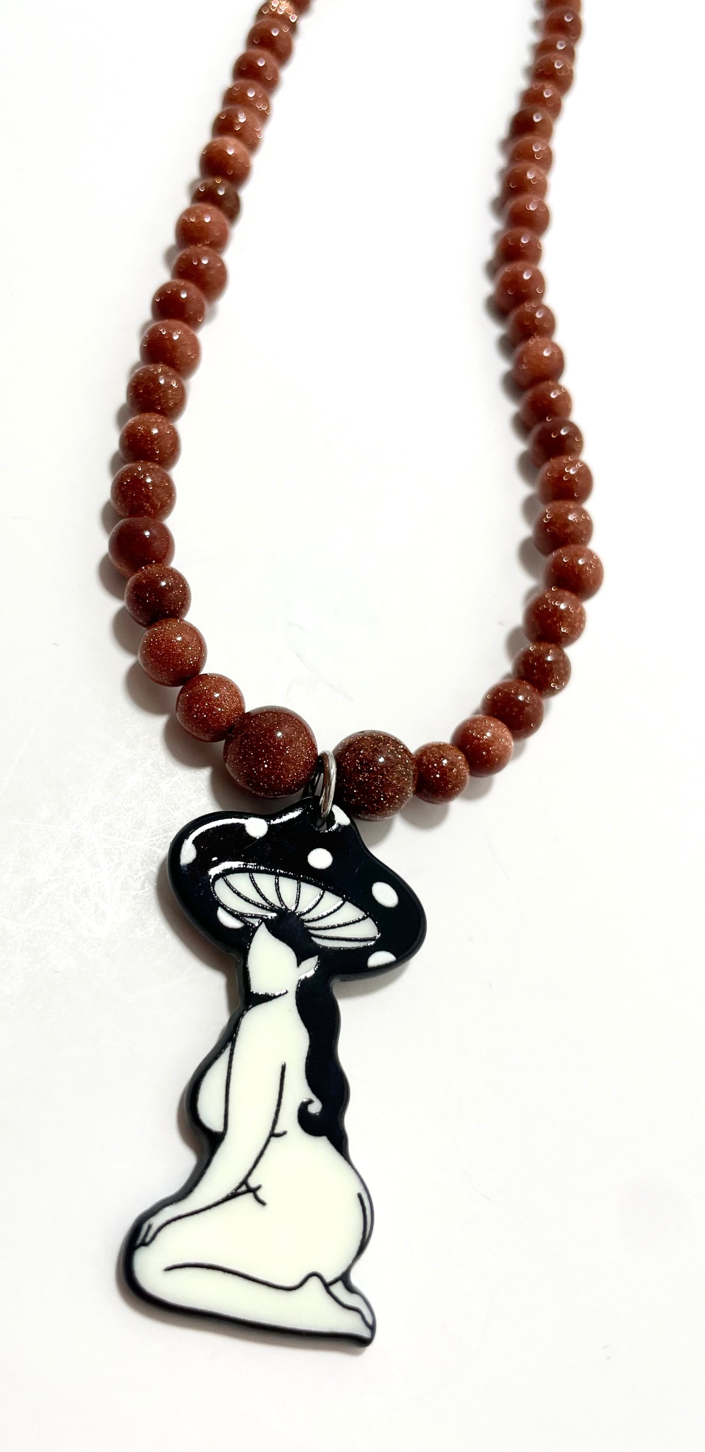 🍄✨ Mushroom Babe Necklace – 24.5” Resin Mushroom Pendant w/ Goldstone Beads