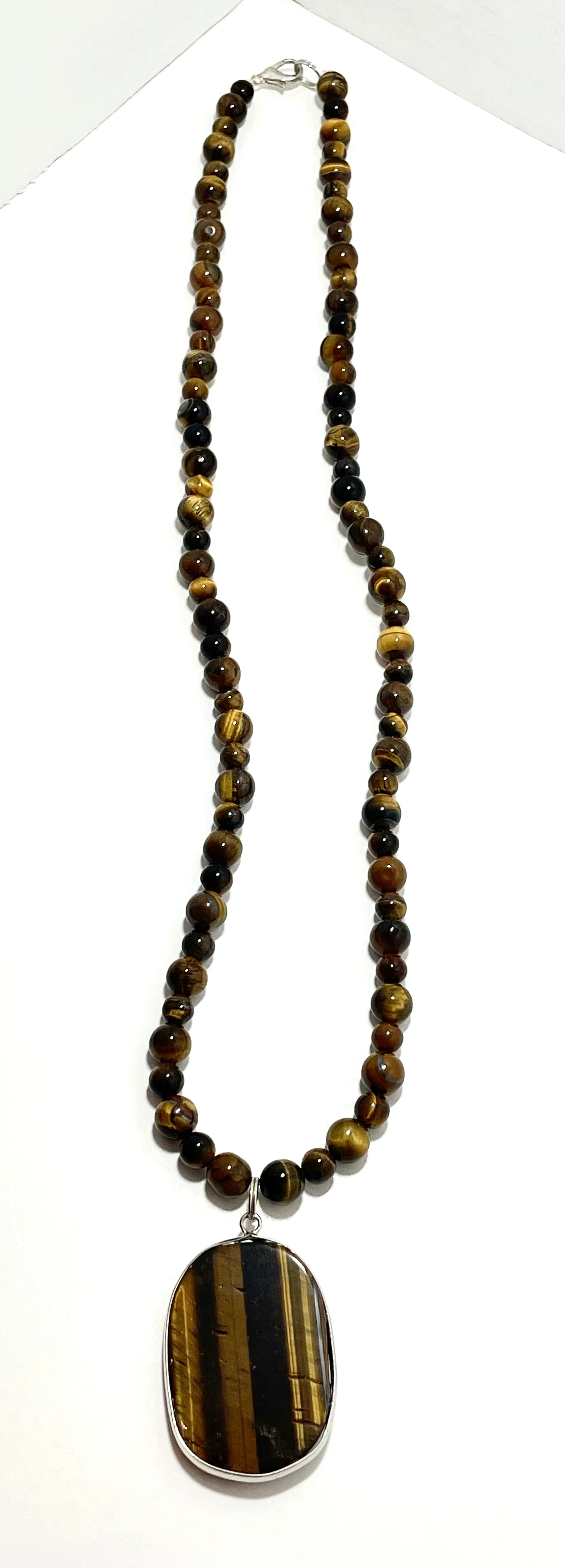 🐯✨ Bold Tiger’s Eye Necklace – 25” Oval Pendant w/ 8mm Tiger’s Eye Beads