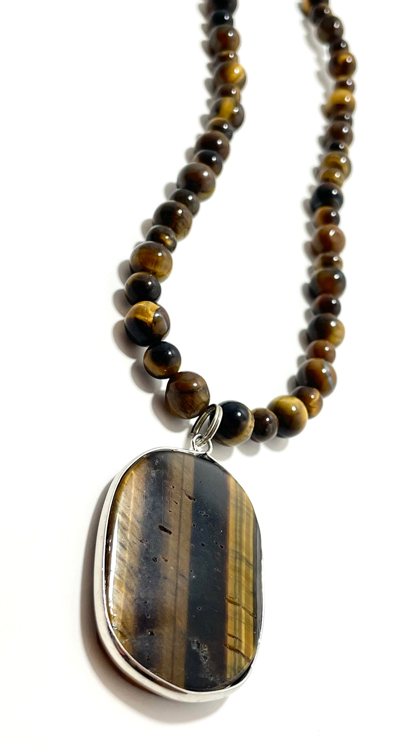 🐯✨ Bold Tiger’s Eye Necklace – 25” Oval Pendant w/ 8mm Tiger’s Eye Beads