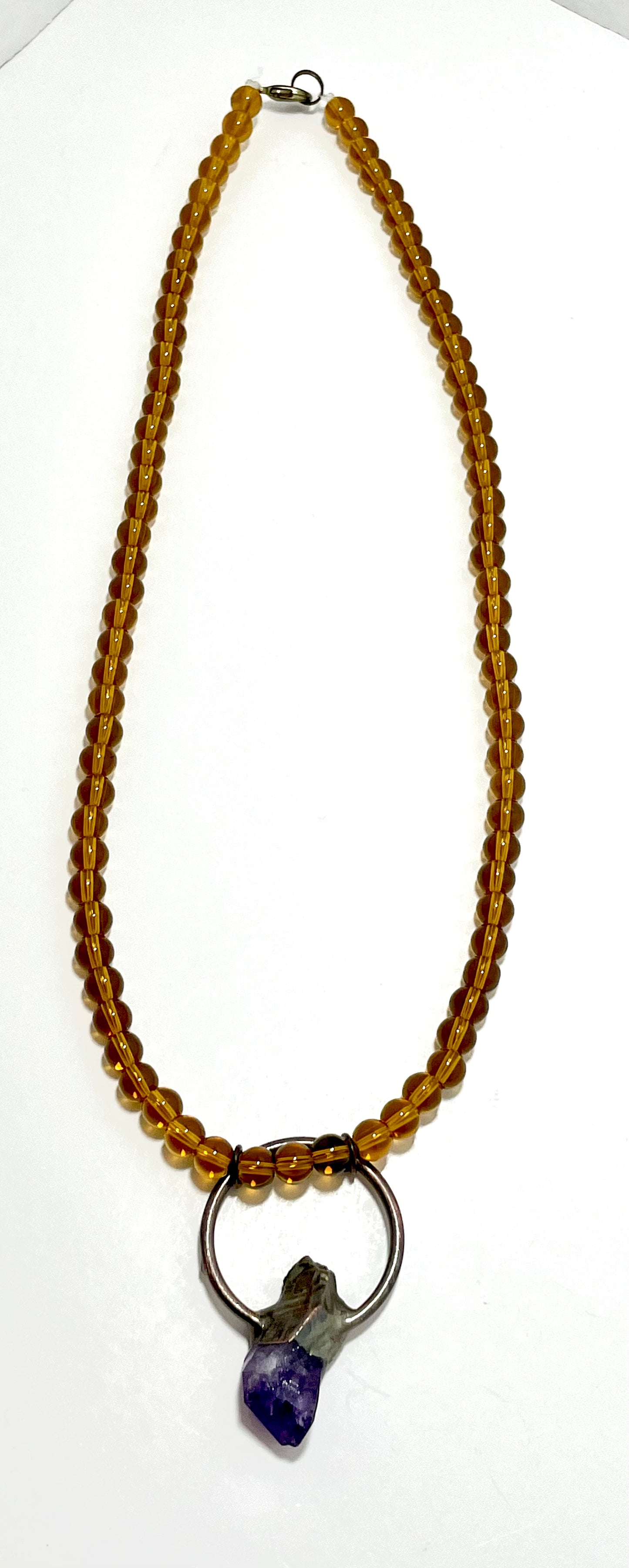 š 19.5ā Amethyst Inlaid in Copper Necklace Adorned with Amber Beads