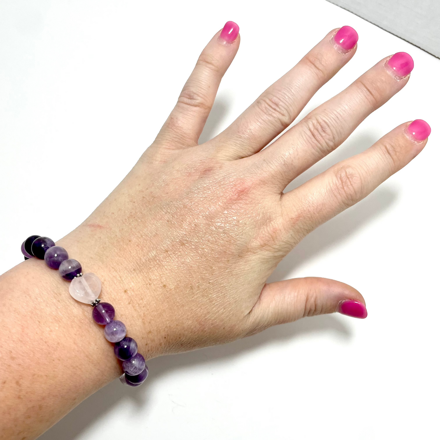 💜💖 Stretchy 8mm Amethyst & Rose Quartz Heart Bracelet
