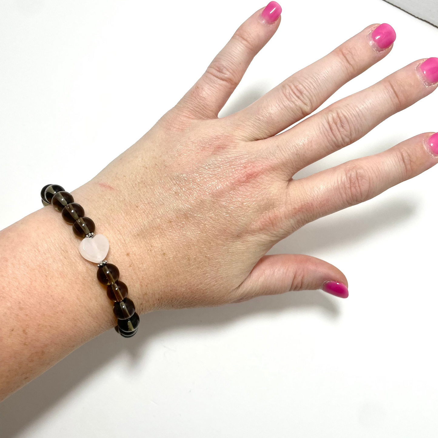 💖✨ Stretchy 8mm Smoky Quartz & Rose Quartz Heart Bracelet
