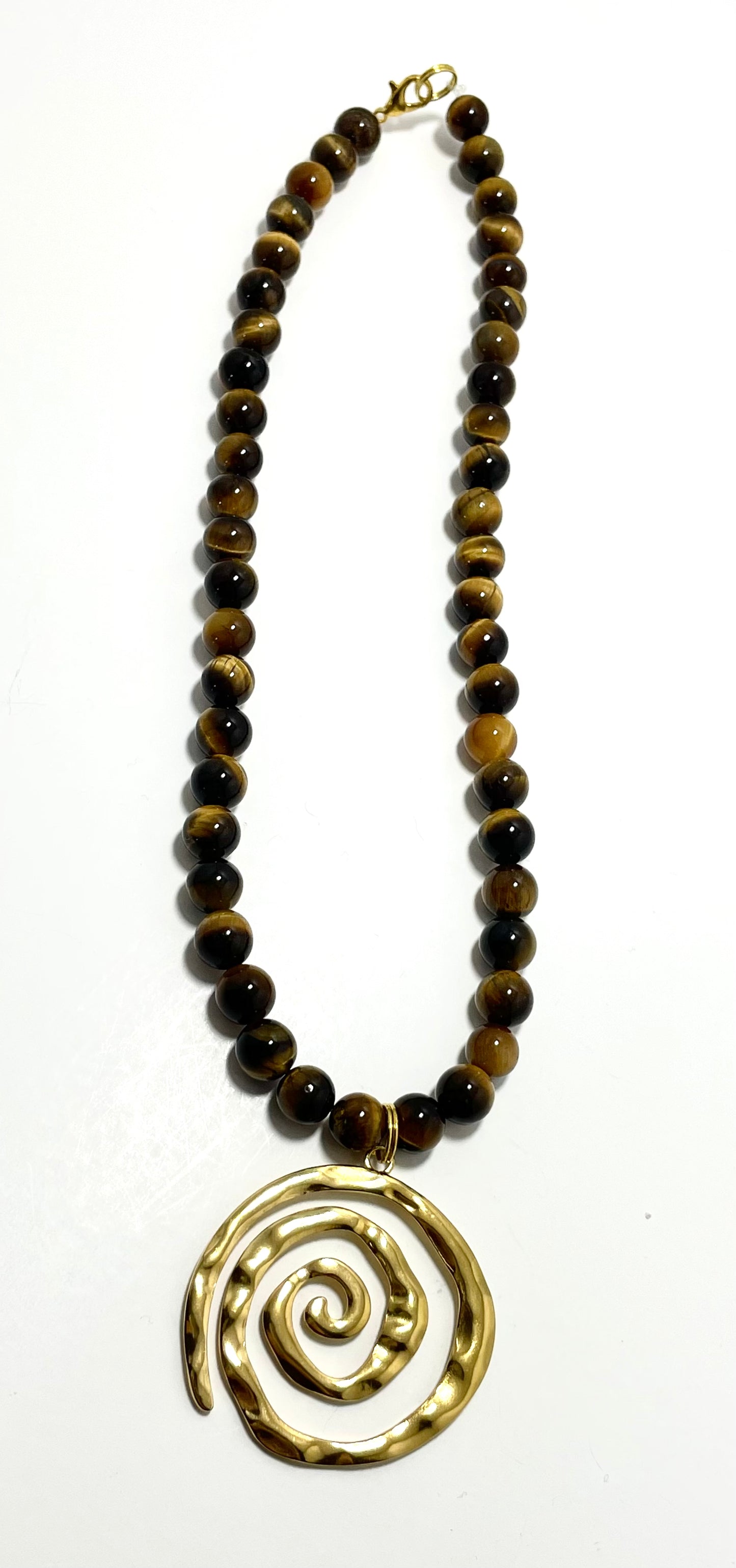16” Gold Coated Stainless Steel Swirl Necklace Adorned With 8mm Tigers Eye Beads