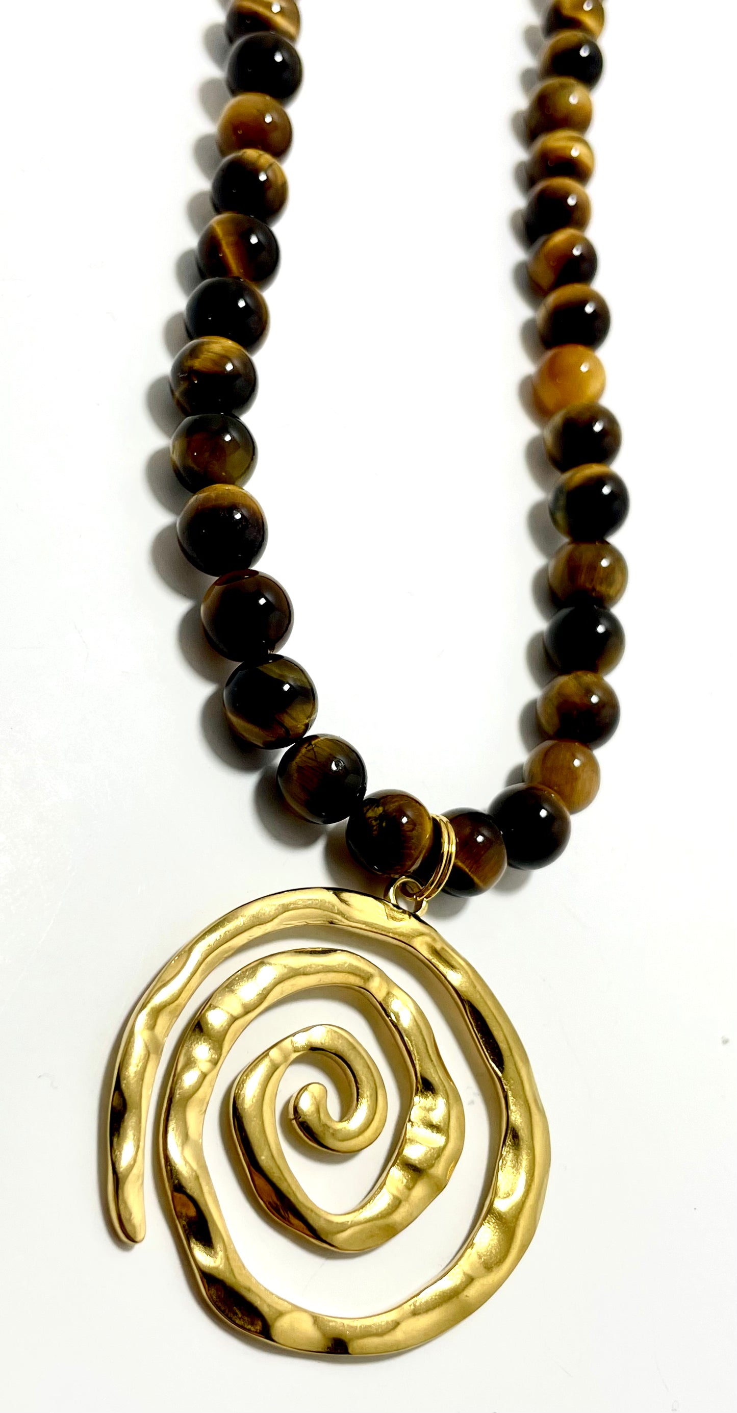 16” Gold Coated Stainless Steel Swirl Necklace Adorned With 8mm Tigers Eye Beads