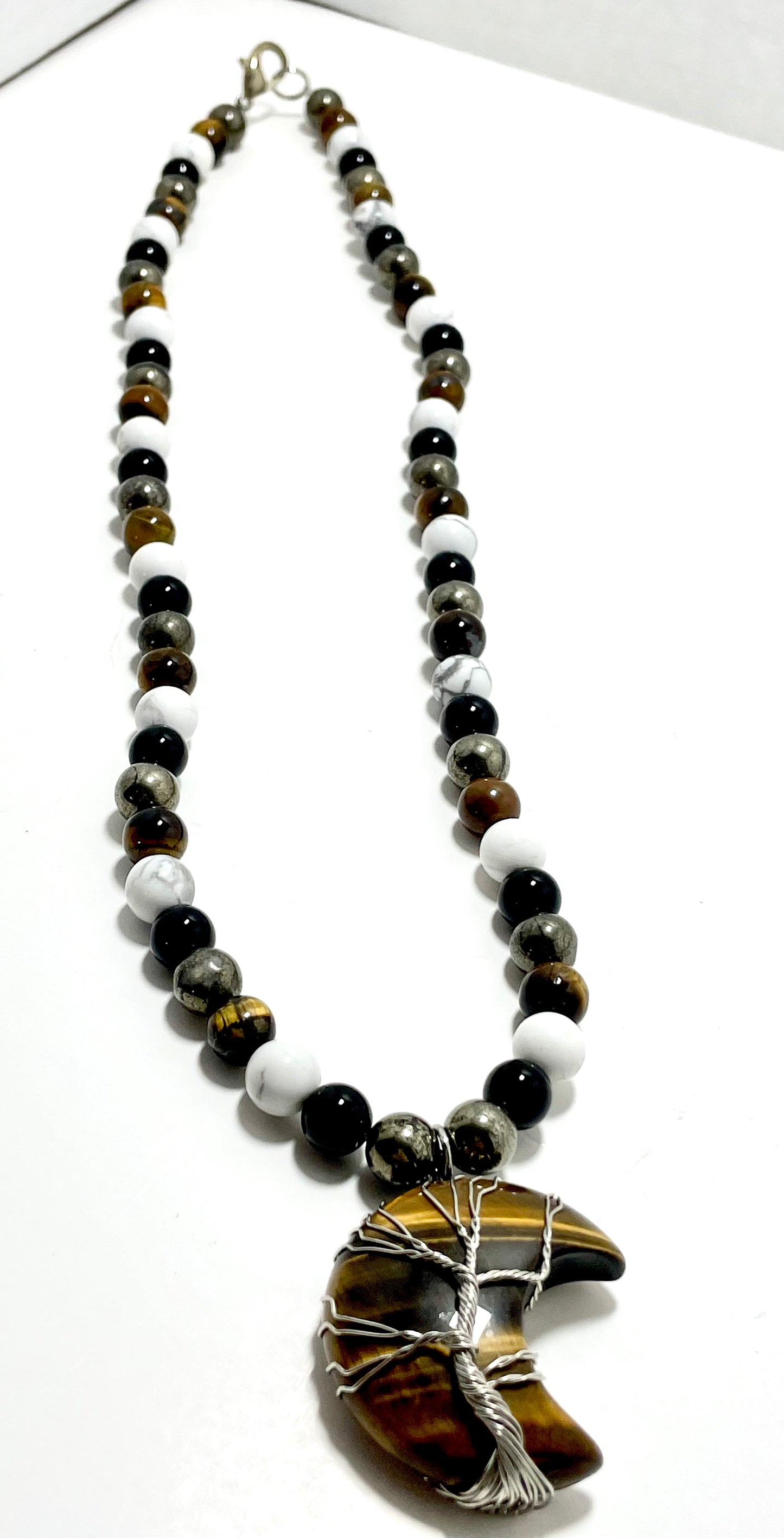 22” Wire Wrapped Tigers Eye Tree Of Life Moon Necklace Adorned With 8mm Pyrite, Onyx, Tigers Eye, & Howlite Beads
