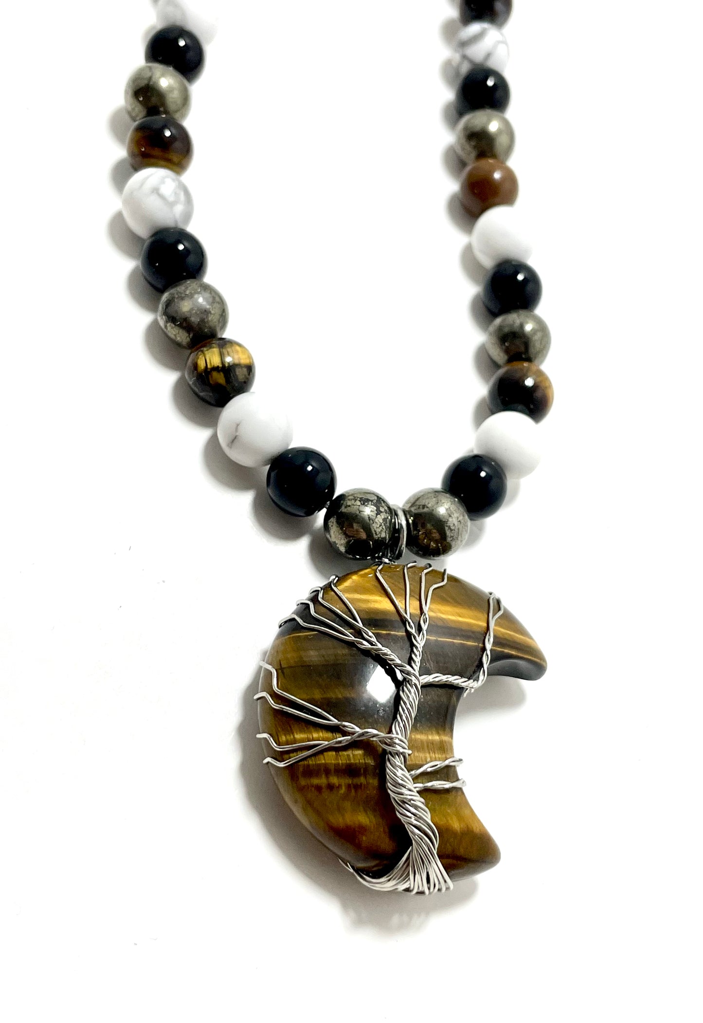 22” Wire Wrapped Tigers Eye Tree Of Life Moon Necklace Adorned With 8mm Pyrite, Onyx, Tigers Eye, & Howlite Beads