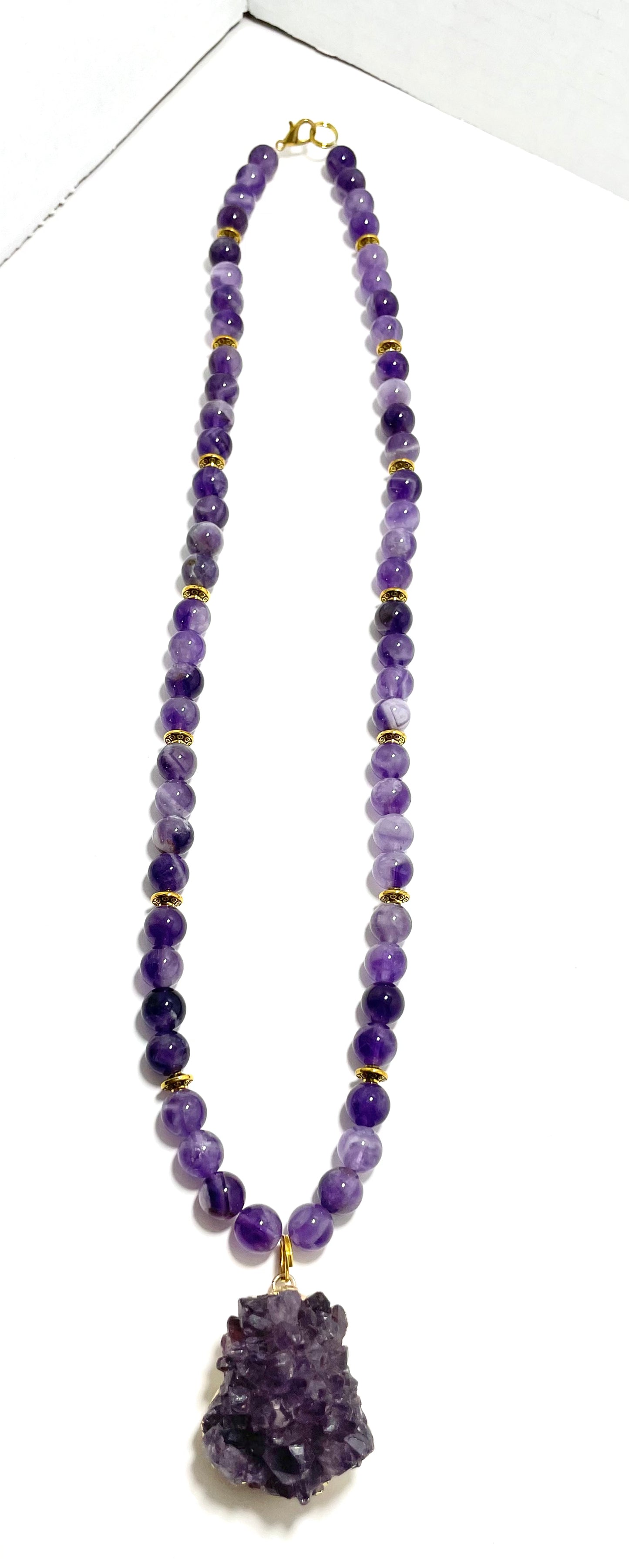 24” Amethyst Geode Necklace Adorned With 8mm Amethyst Beads