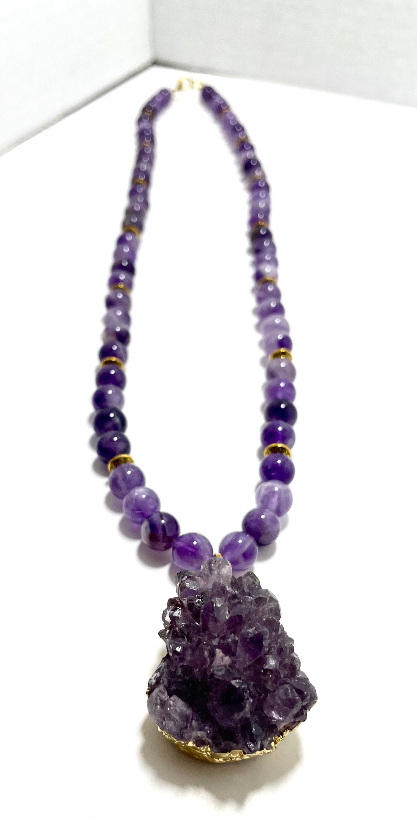 24” Amethyst Geode Necklace Adorned With 8mm Amethyst Beads