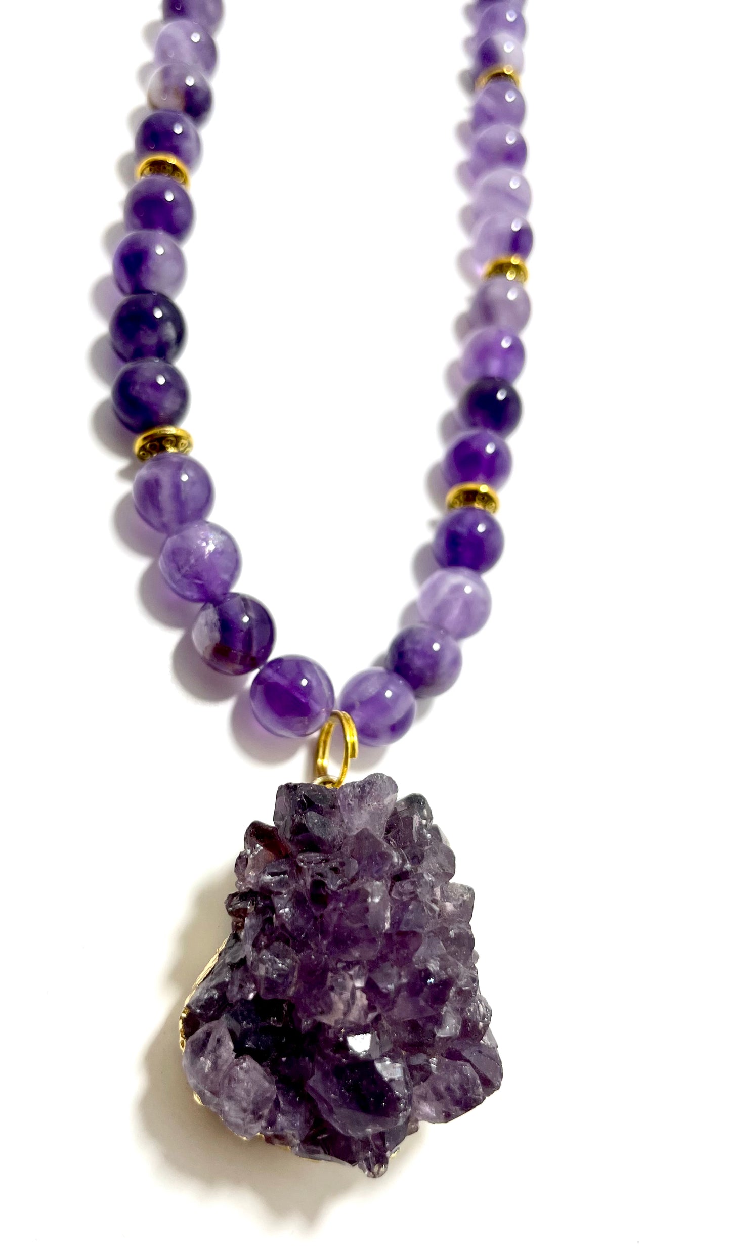 24” Amethyst Geode Necklace Adorned With 8mm Amethyst Beads