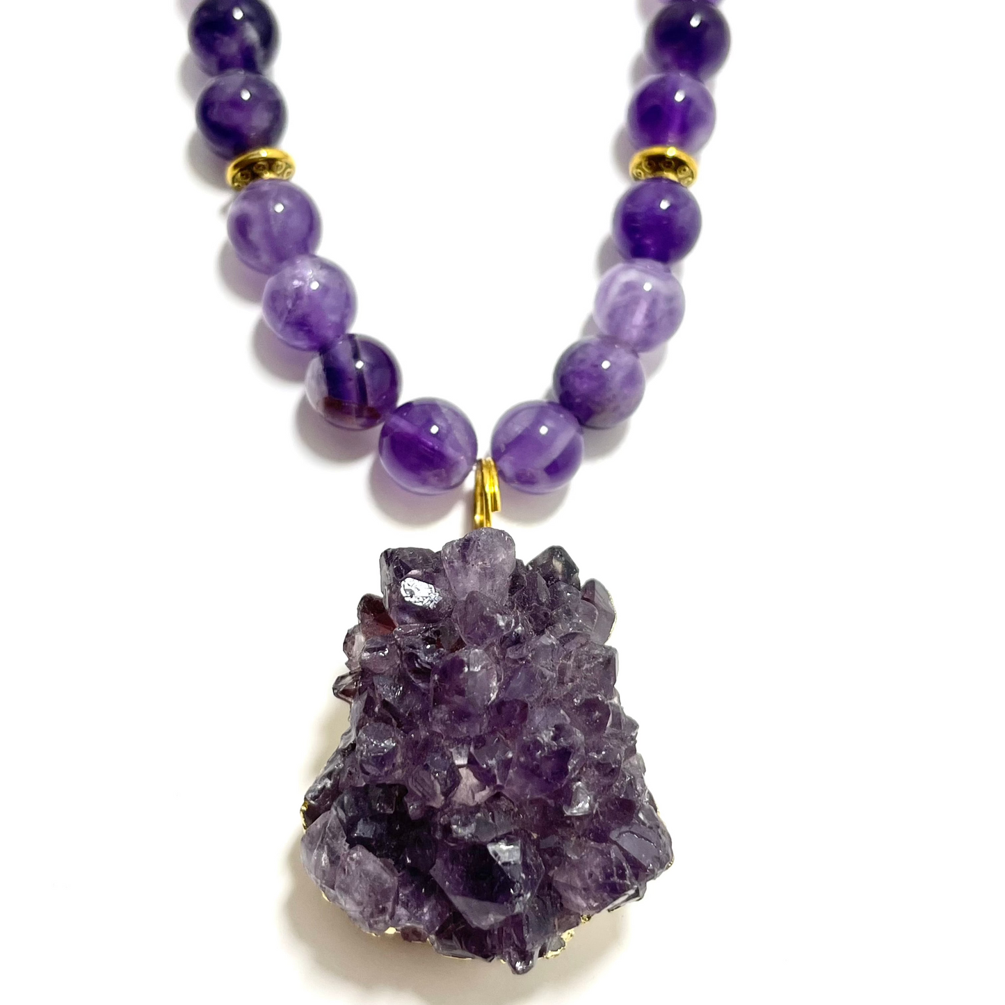 24” Amethyst Geode Necklace Adorned With 8mm Amethyst Beads