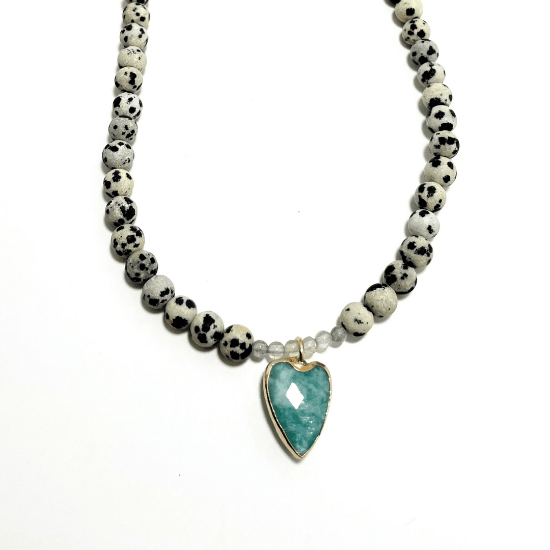 15" Dalmatian Jasper & Labradorite Choker – Aquamarine Heart Pendant — photo 1