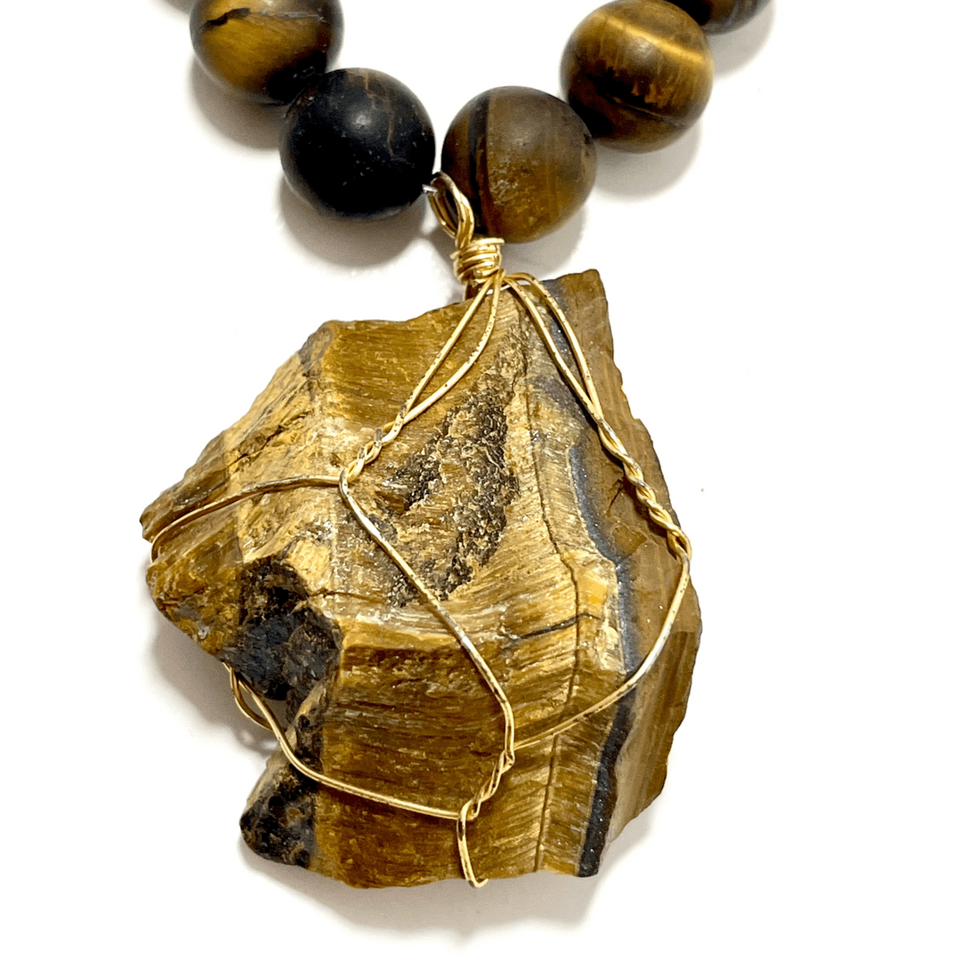 🐾 17” Matted Tiger’s Eye Necklace with Wire Wrapped Matted Tiger’s Eye Pendant — photo 1
