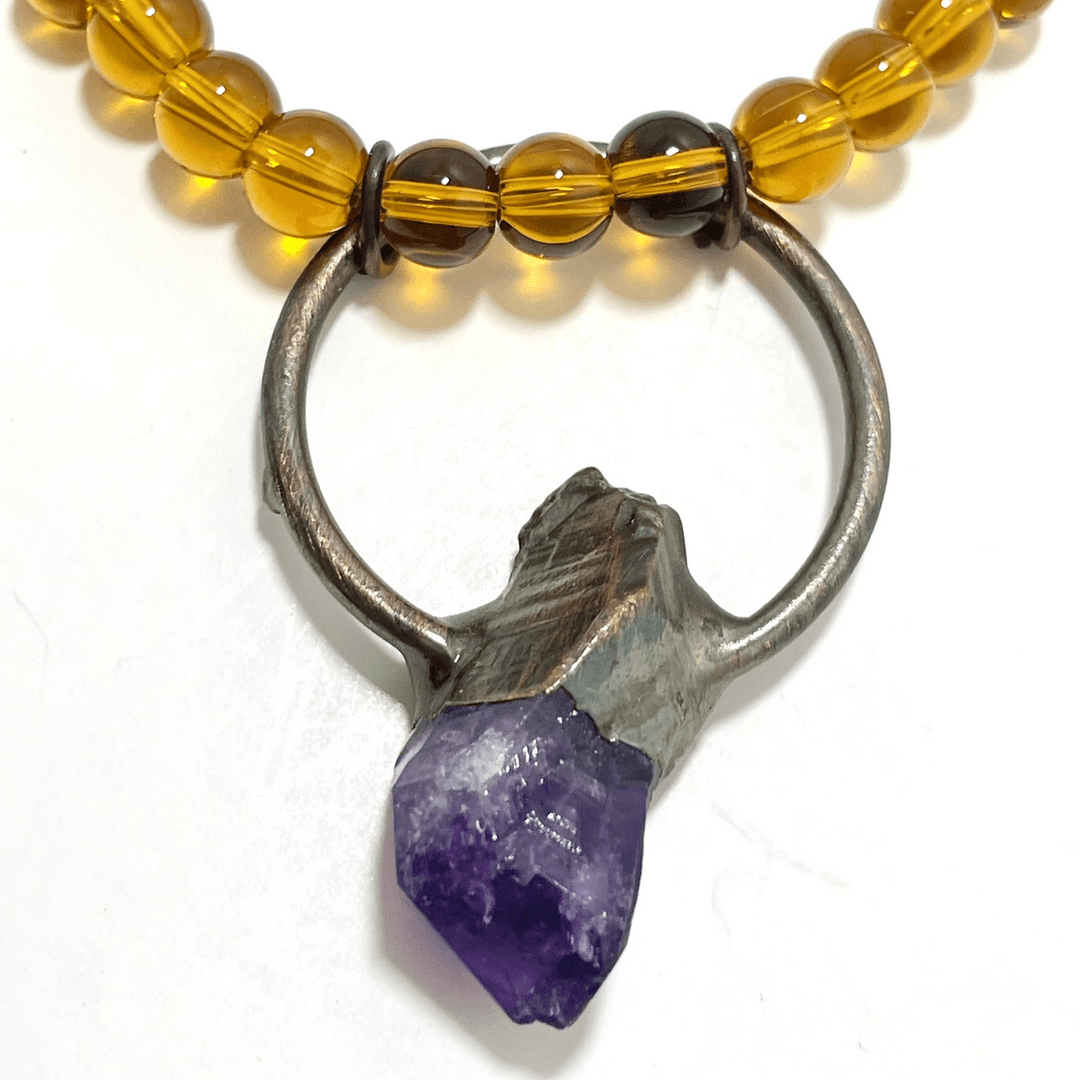 π 19.5β Amethyst Inlaid in Copper Necklace Adorned with Amber Beads β photo 1