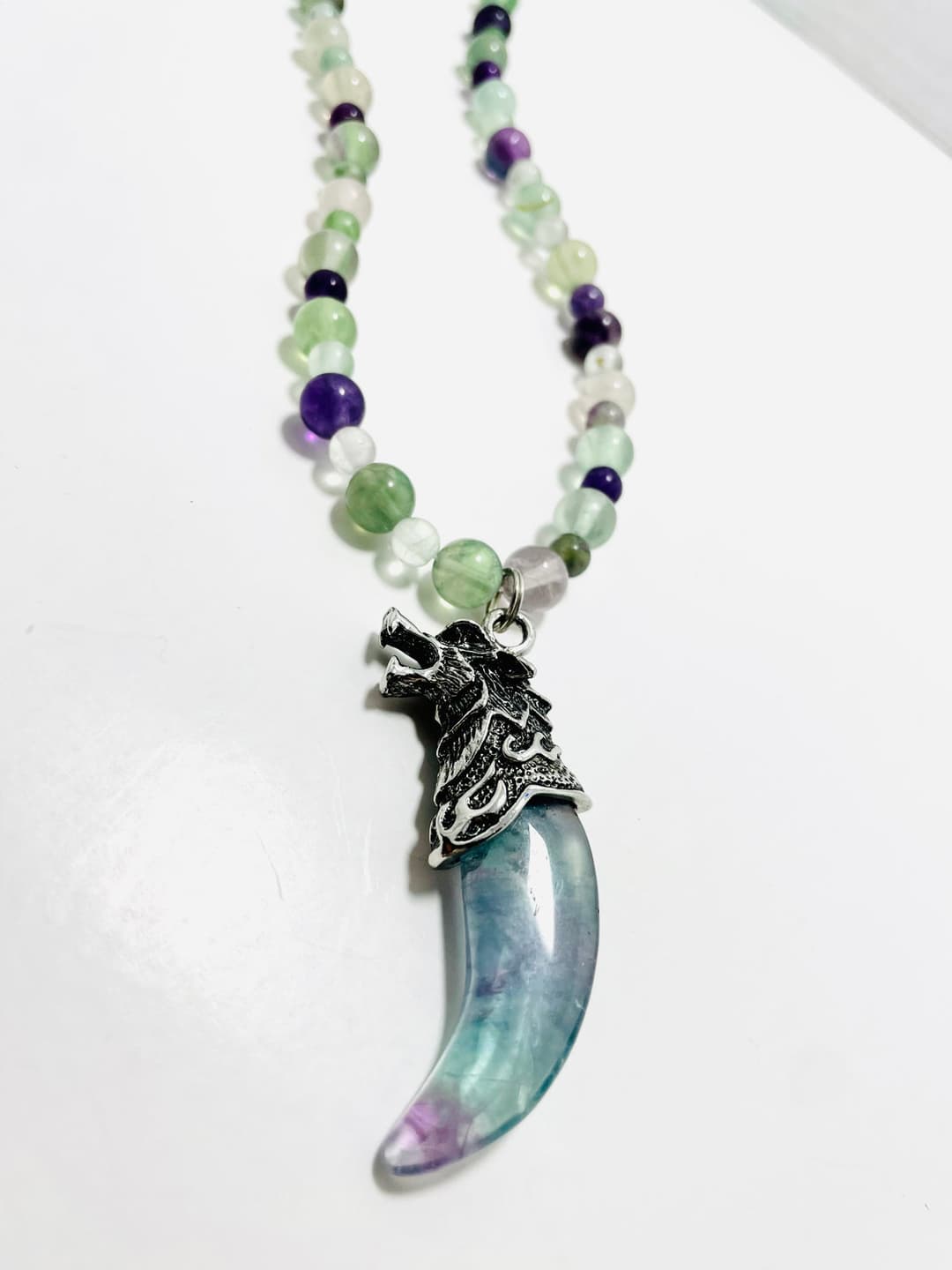 🐺 21.5” Stainless Steel & Fluorite Wolf Necklace Adorned with Fluorite Beads — photo 1