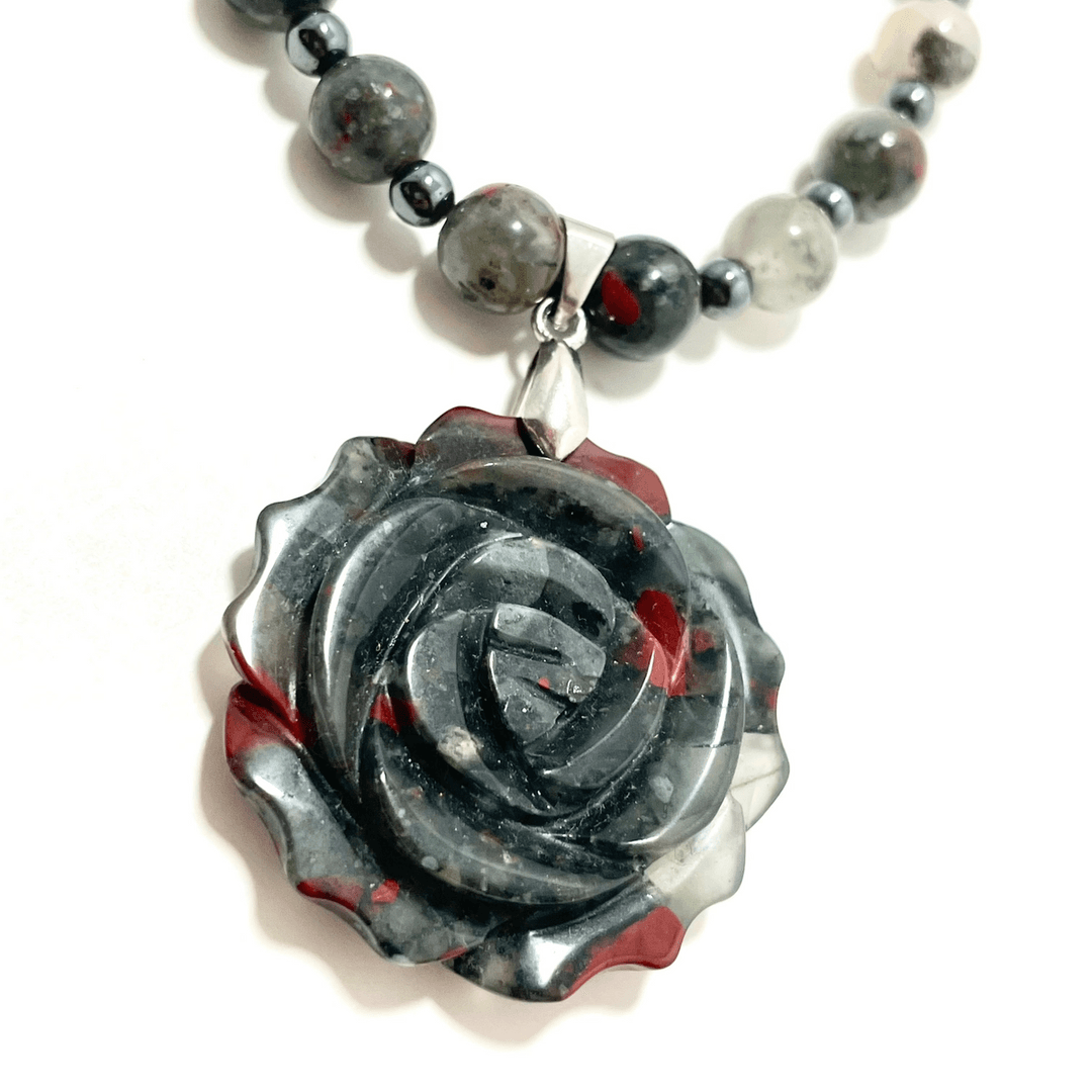 🌹 22.5” Hand Carved Bloodstone Rose Necklace Adorned with Bloodstone & Hematite Beads — photo 1