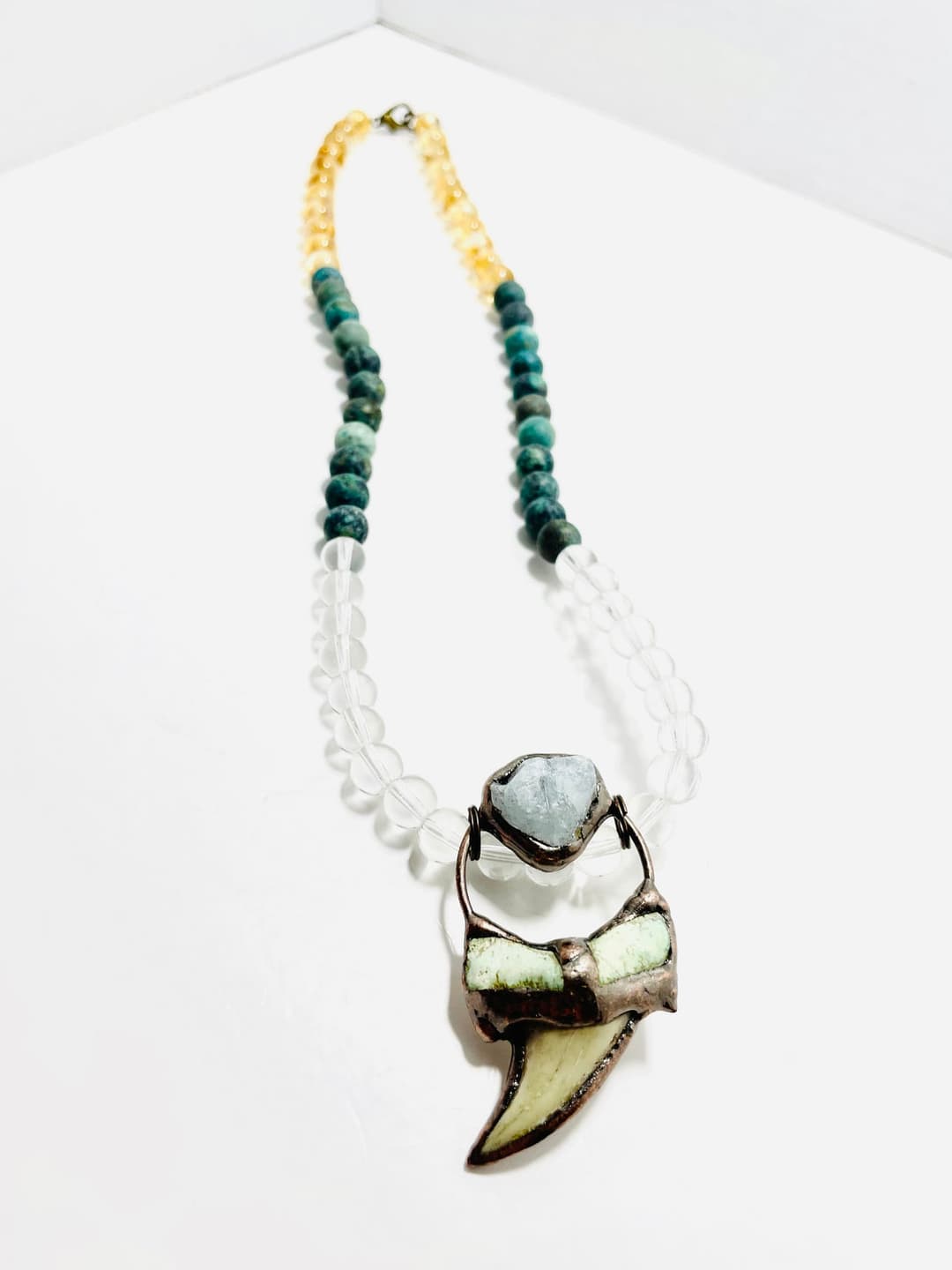 🦈 22.5” Thresher Shark Tooth & Clear Quartz Inlaid in Copper Necklace Adorned with Clear Quartz, Matted African Turquoise, & Citrine Beads — photo 1