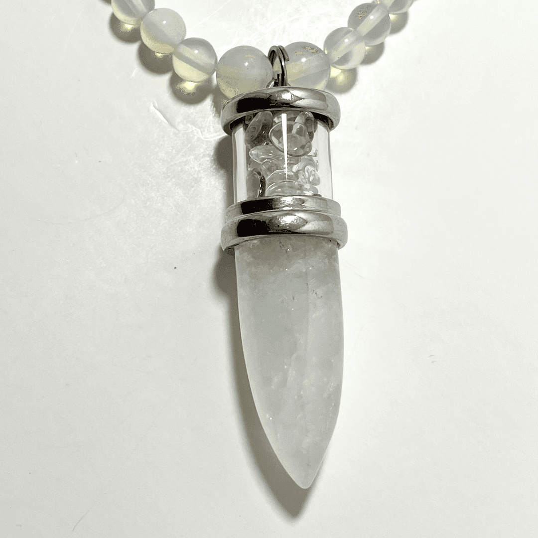 ✨ 23" Clear Quartz Bullet Necklace Adorned with 6mm Opalite, Jade, & Malachite Beads — photo 1